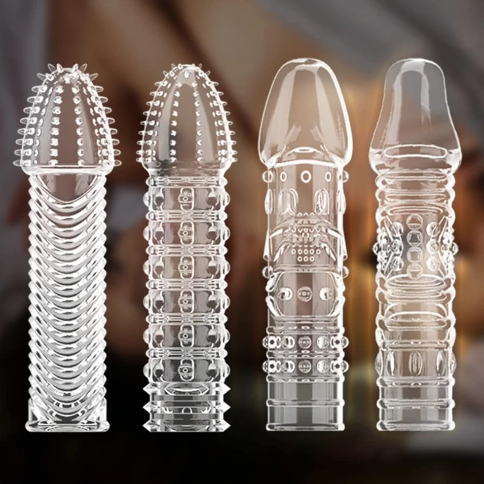 Confezione da 4 custodie spesse in silicone trasparente, riutilizzabili, per stimolazione intensiva del pene e miglioramento dell'erezione