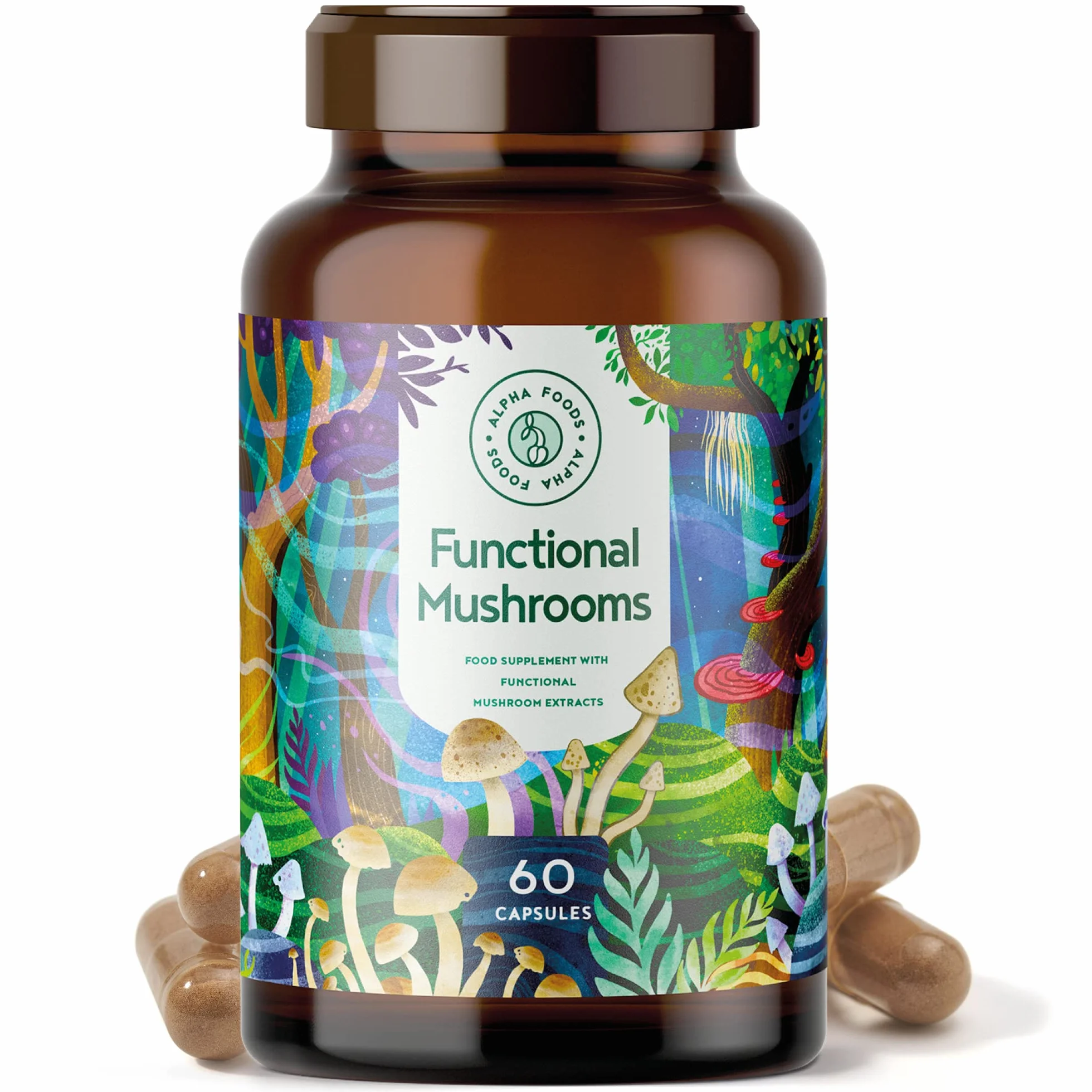 Funghi Funzionali con Maitake, Funghi Shiitake, Cordyceps, Fungo Reishi, Agaricus, Lions Mane | Integratore Multivitaminico Completo per Difese Immunitarie Adulti e Salute del Cuore | Alpha Foods