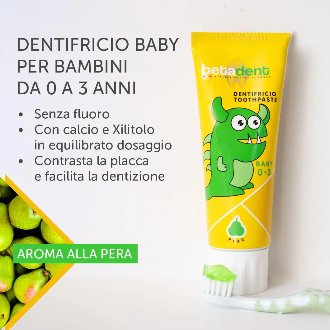Betadent DENTIFRICIO BABY PER BAMBINI DA 0 A 3 ANNI. Senza Fluoro. Gusto Pera. Azione Antiplacca, facilita la dentizione. Formulazione naturale - 75 ml
