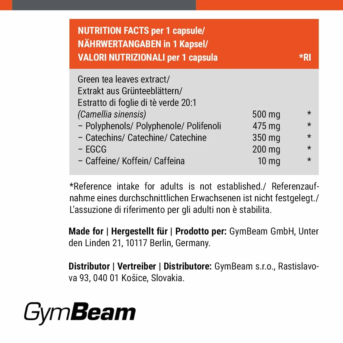 GymBeam Tè Verde - 500 mg - Integratore Naturale in Capsule con EGCG e Caffeina, Estratto 20:1 per Metabolismo, Controllo del Peso e Energia (120 cps)