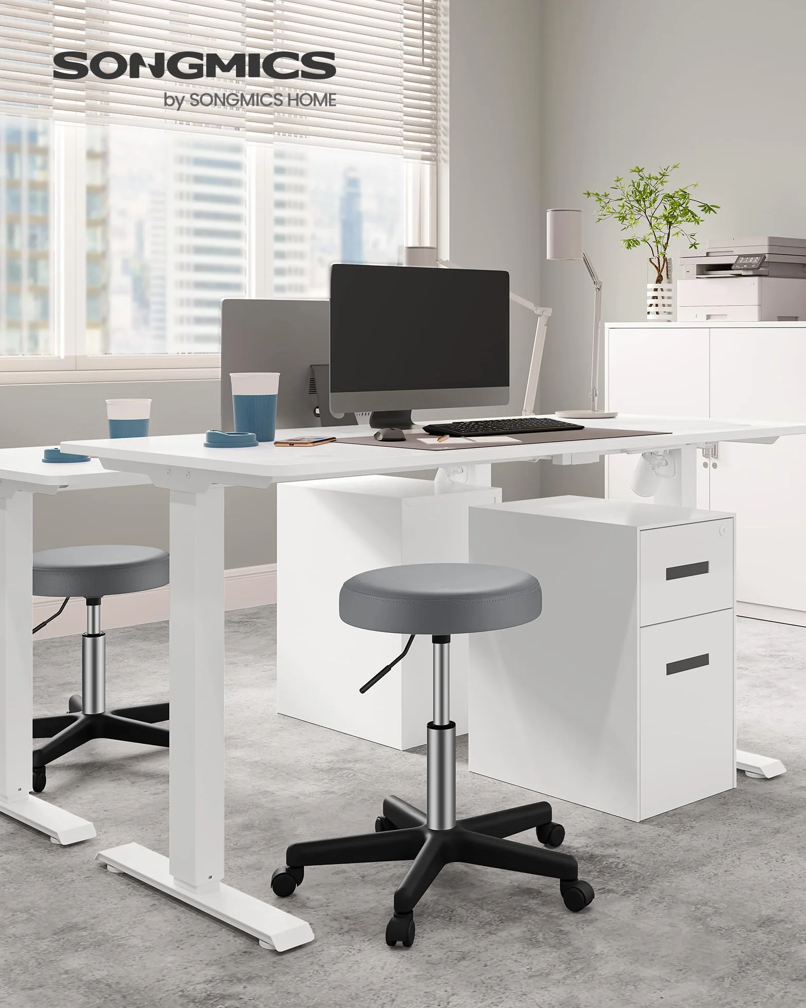 SONGMICS Sgabello Girevole con Ruote Altezza Regolabile 46-58 cm PU Grigio Tortora