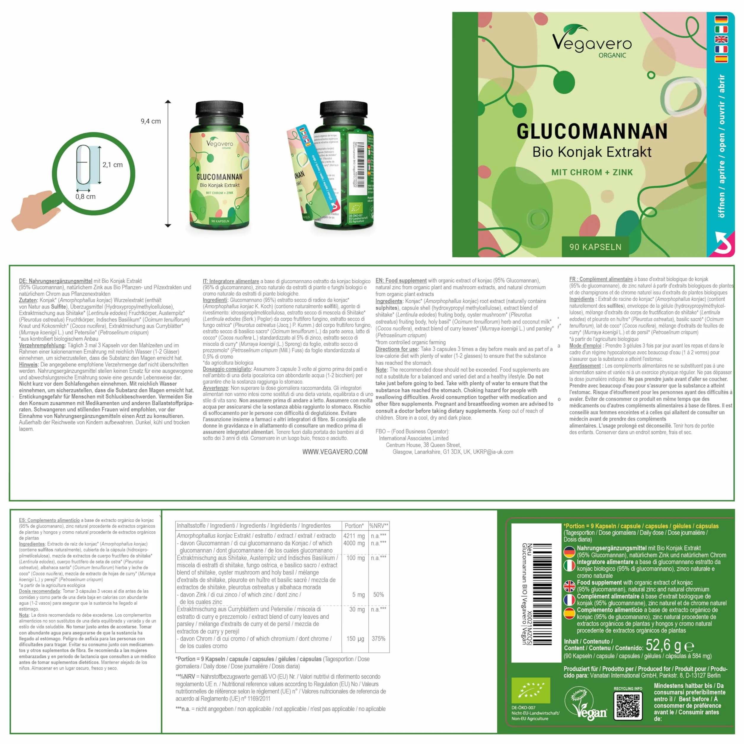 Glucomannano Forte | 4000 mg | con Cromo e Zinco | Alto Dosaggio | Senza Additivi | No OGM | Vegan | Vegavero®