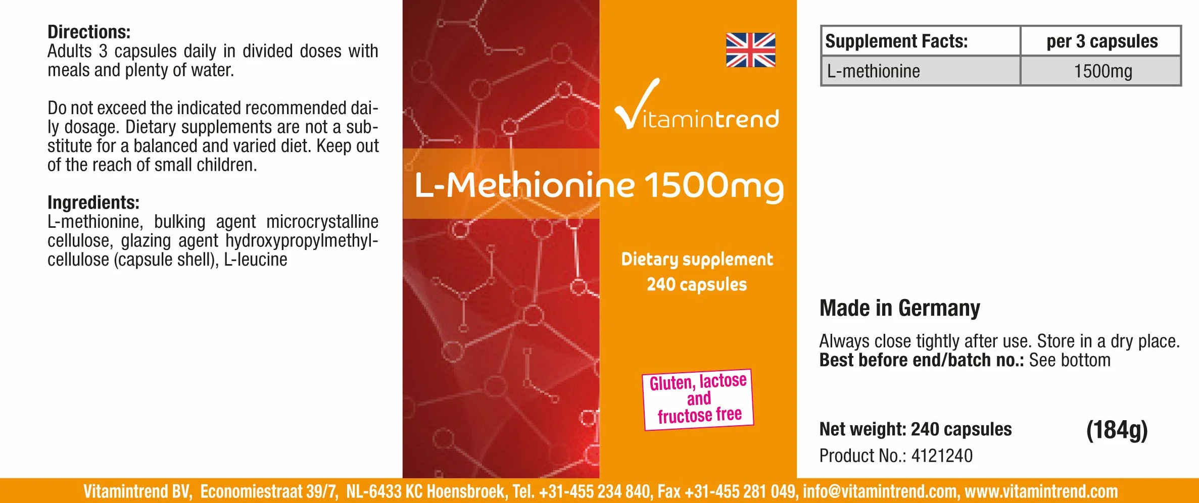 Vitamintrend L-Metionina 1500 mg per dose giornaliera, 240 capsule, ad alto dosaggio, integratore alimentare vegano senza magnesio stearato, prodotto in Germania