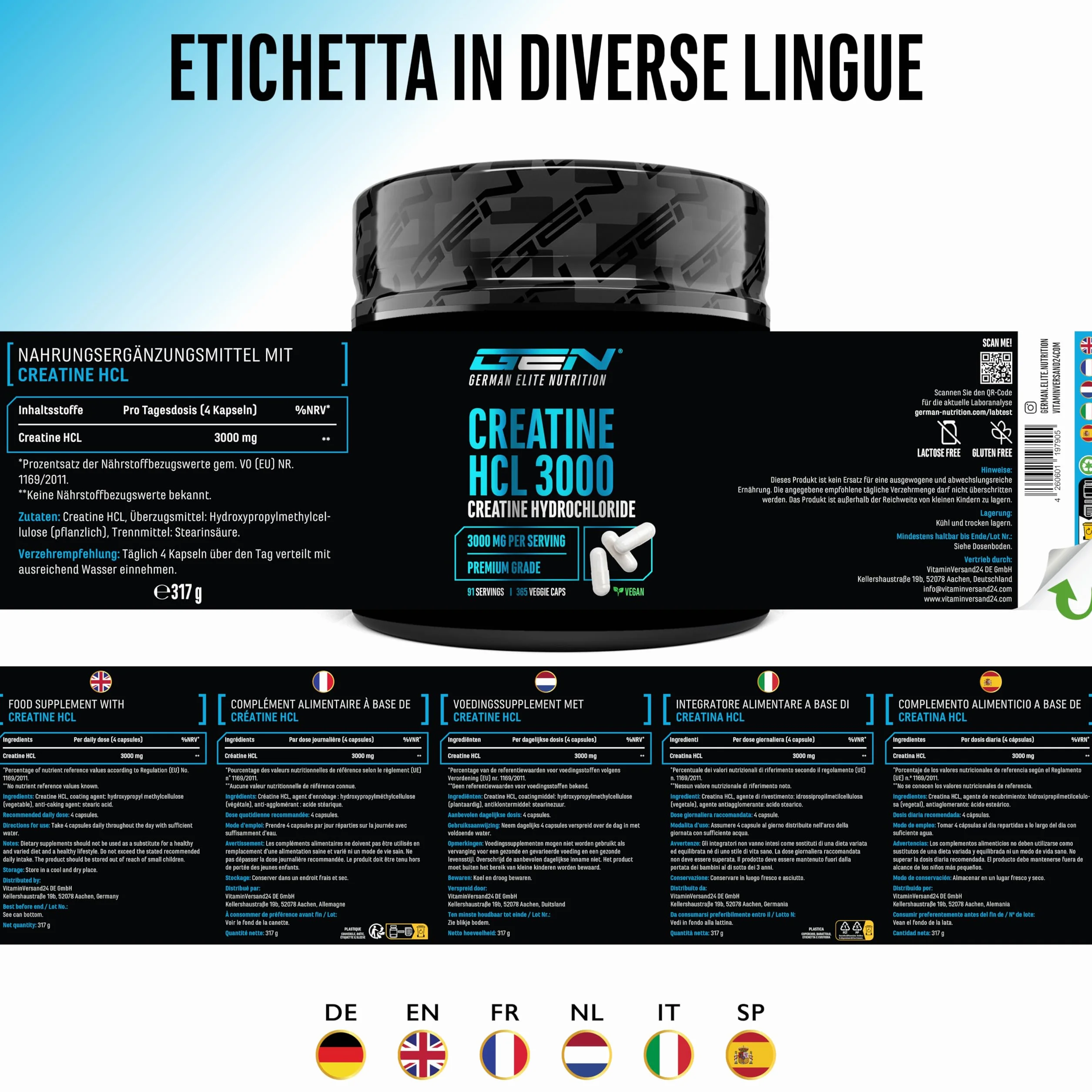 Creatine HCL - 365 capsule - Ad alto dosaggio con 3000 mg di cloridrato di creatina per dose giornaliera - Massimo assorbimento & biodisponibilità - 100% vegano