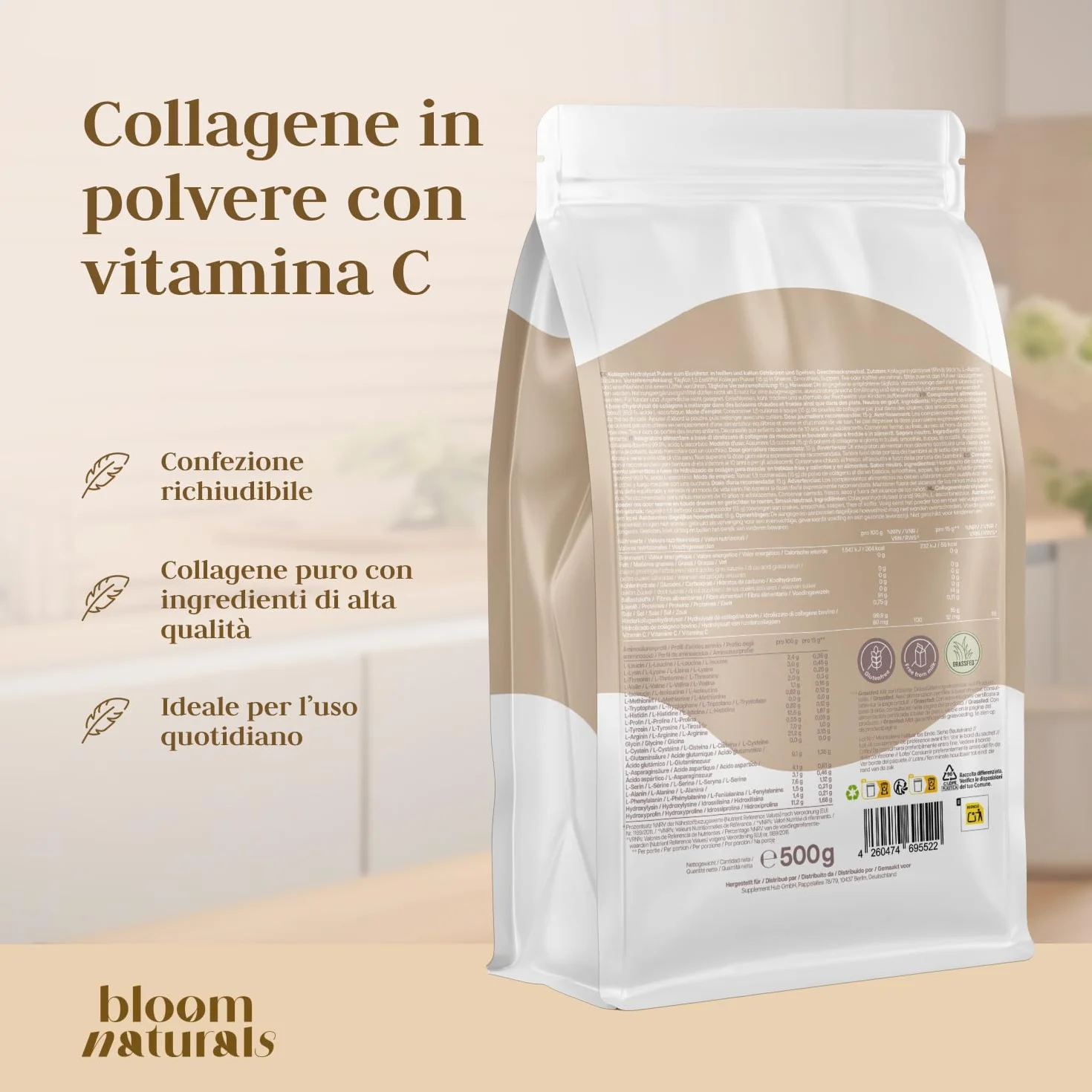 Collagene in Polvere 500g Idrolizzato con Vitamina C Gusto Neutro 33 Porzioni Bovino Peptidi Prodotto in Germania