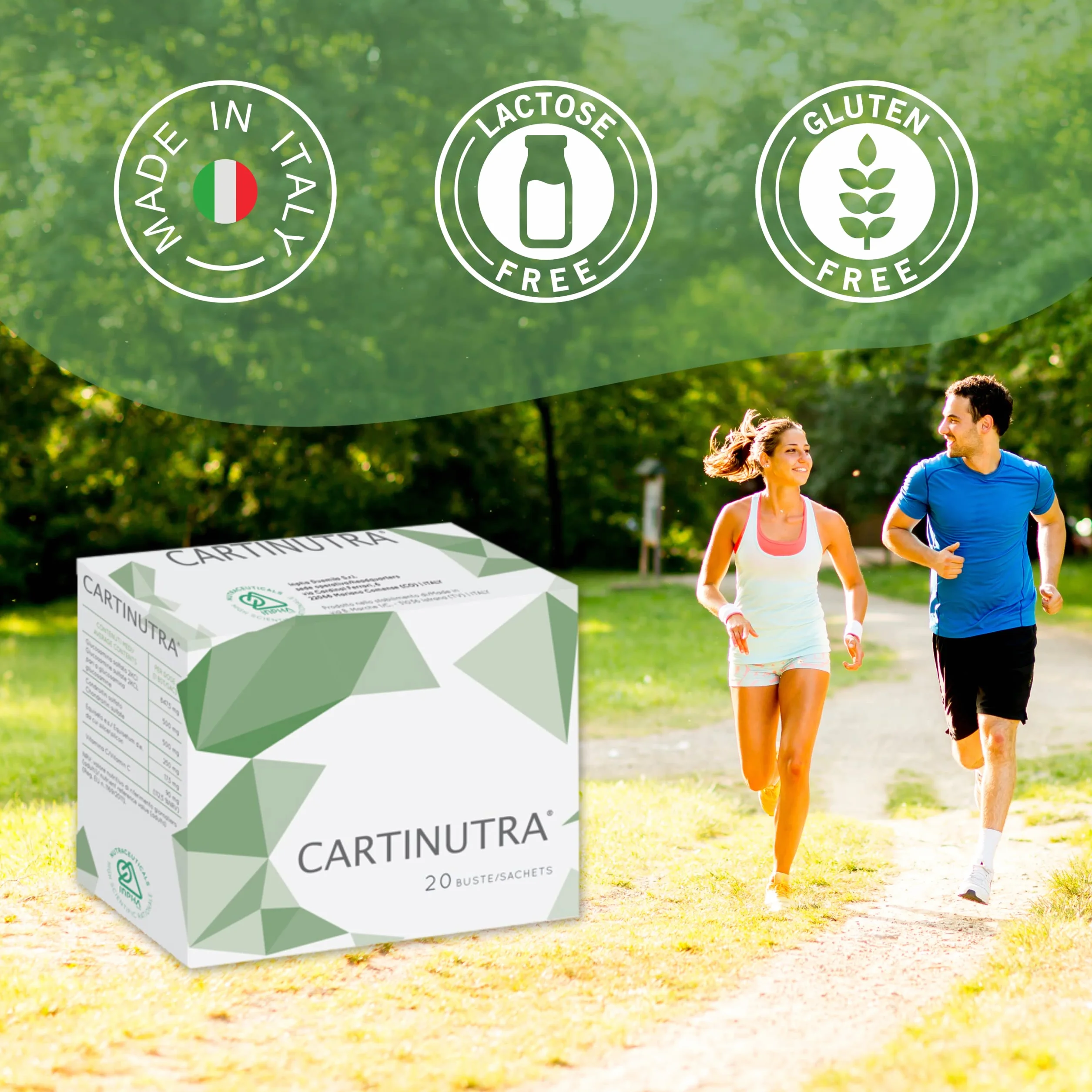 CARTINUTRA® Integratore Articolazioni e cartilagini con Glucosamina e Condroitin Solfato, Silicio Organico e Vitamina C ● Senza Glutine e naturalmente senza Lattosio ● 20 Bustine Gusto Tropical