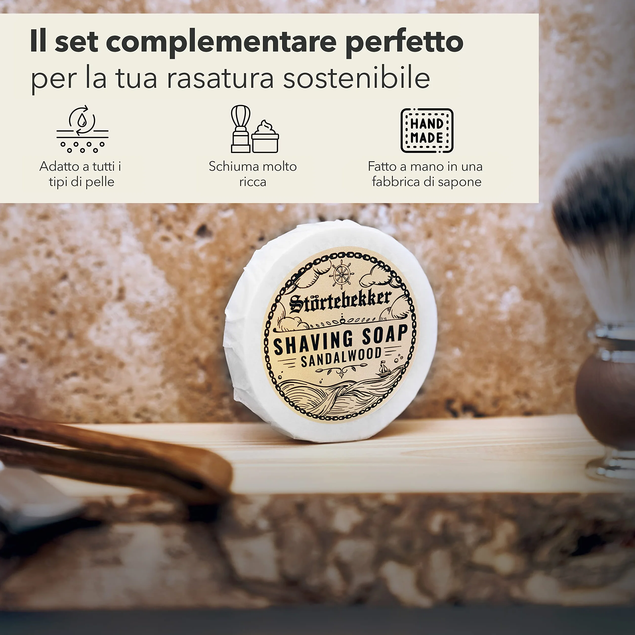 Störtebekker Premium Sapone da rasatura (Sandalo) - per una ricca schiuma da barba - Perfetto per la rasatura con rasoio di sicurezza e rasoio a lama dritta - vegano - fatto a mano (70g, 1pc.)