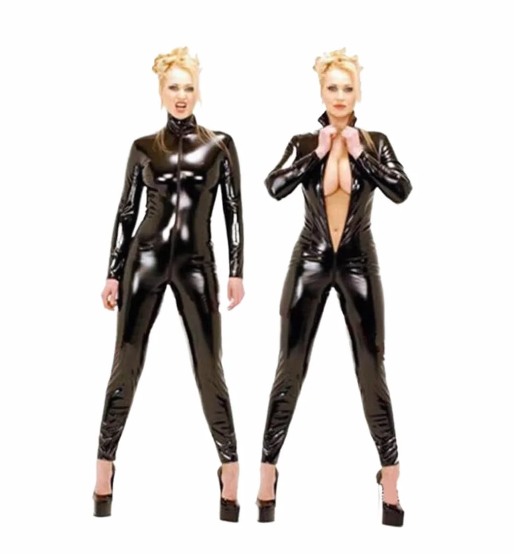 BERMEL Tuta Sexy da Donna Catsuit Body in Pelle Verniciata Lucida, Effetto Bagnato Lattice, Cerniera Nero (L)