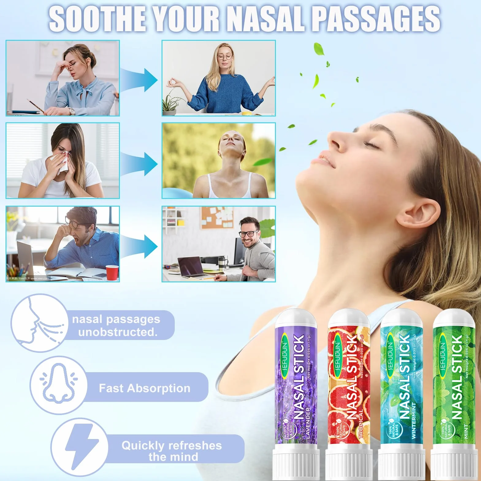 Bastone Nasale Agli Oli Essenziali 4 Pack, Inalatore Nasale Aromaterapia Menta, Sollievo Naso Chiuso