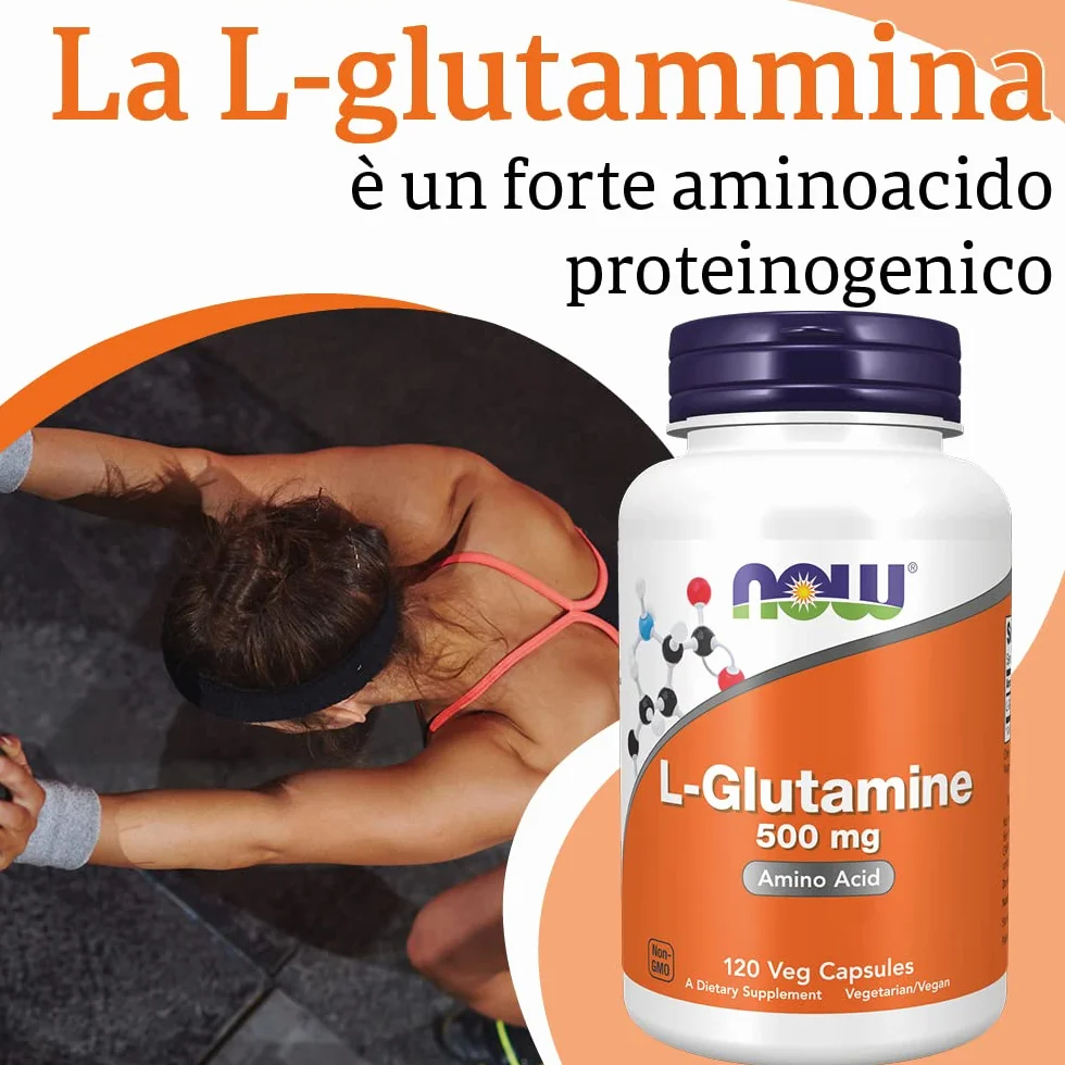 Now Foods, L-Glutamine (L-Glutammina), 500 mg, 120 Capsule vegan, Testato in Laboratorio, Aminoacido, Senza Glutine, Senza Soia, Vegetariano