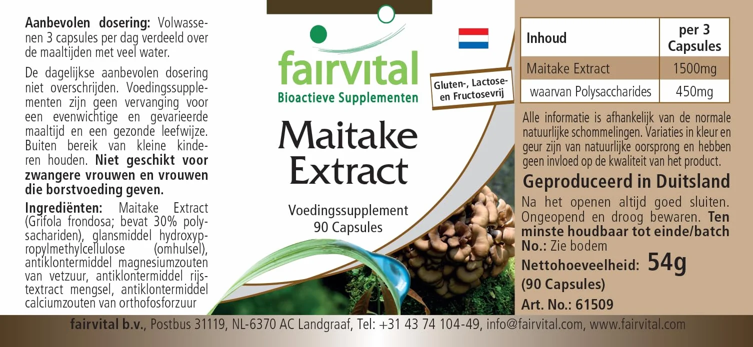 fairvital Estratto di Maitake 500 mg, 90 capsule, facili da deglutire, ALTO DOSAGGIO, Grifola frondosa, 30% di polisaccaridi, VEGANO