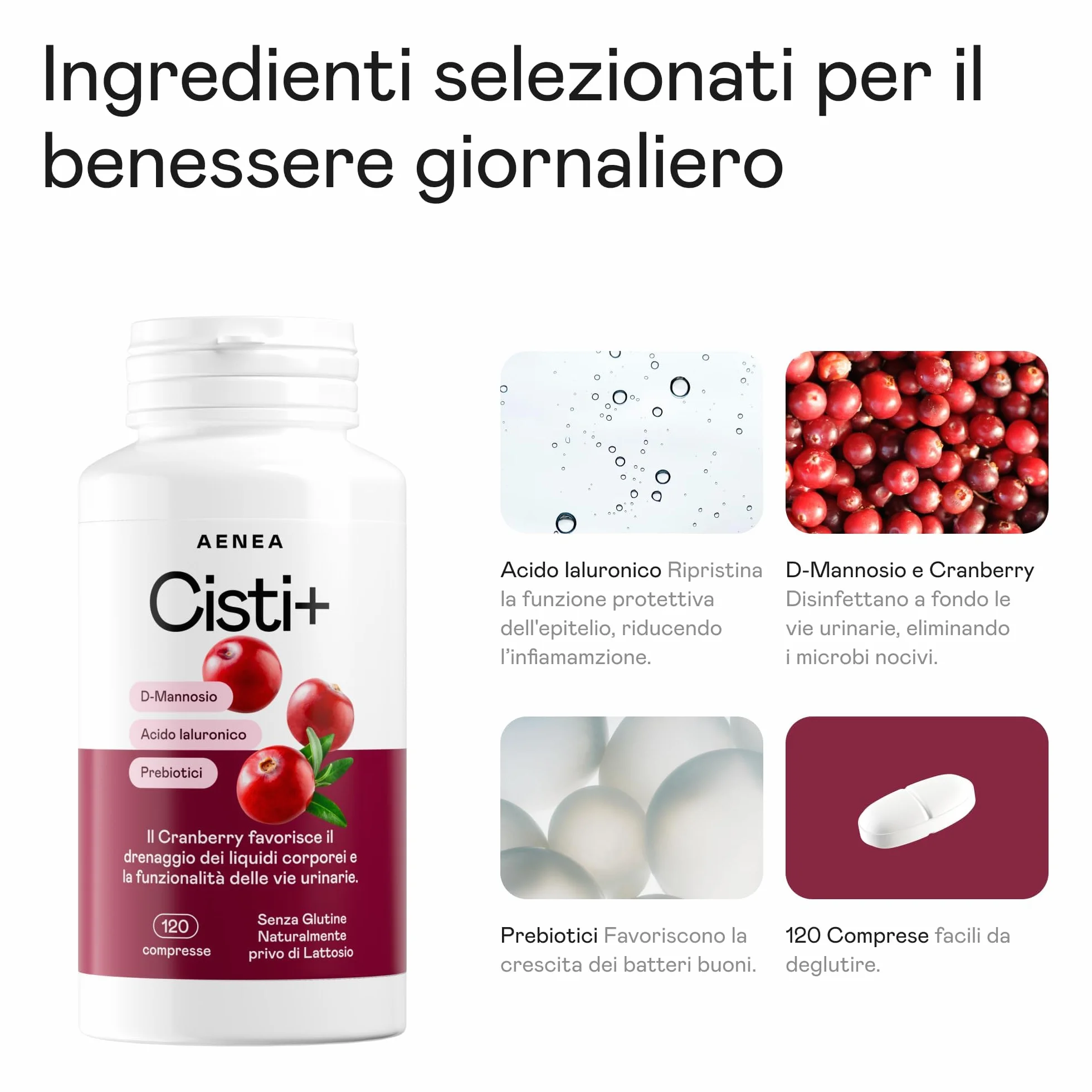 Cisti+ Integratore Cistite Donna 120cpr con D Mannosio Puro 2000mg, Mirtillo Rosso, Cranberry, Acido Ialuronico, Prebiotici per Benessere Vie Urinarie, Drenaggio Liquidi, Integratori Vie Urinarie