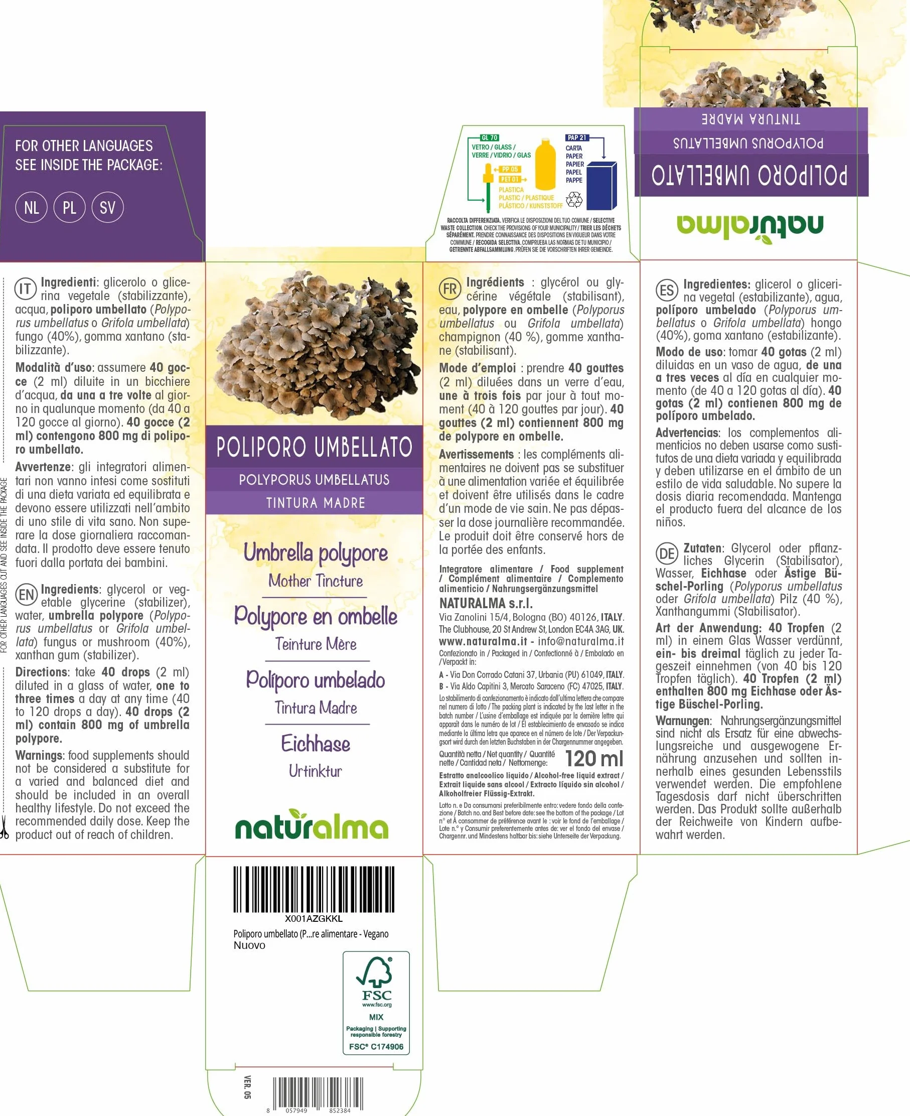 Poliporo umbellato (Polyporus umbellatus o Grifola umbellata) fungo Tintura Madre analcoolica Naturalma - Estratto liquido gocce 120 ml - Integratore alimentare - Vegano