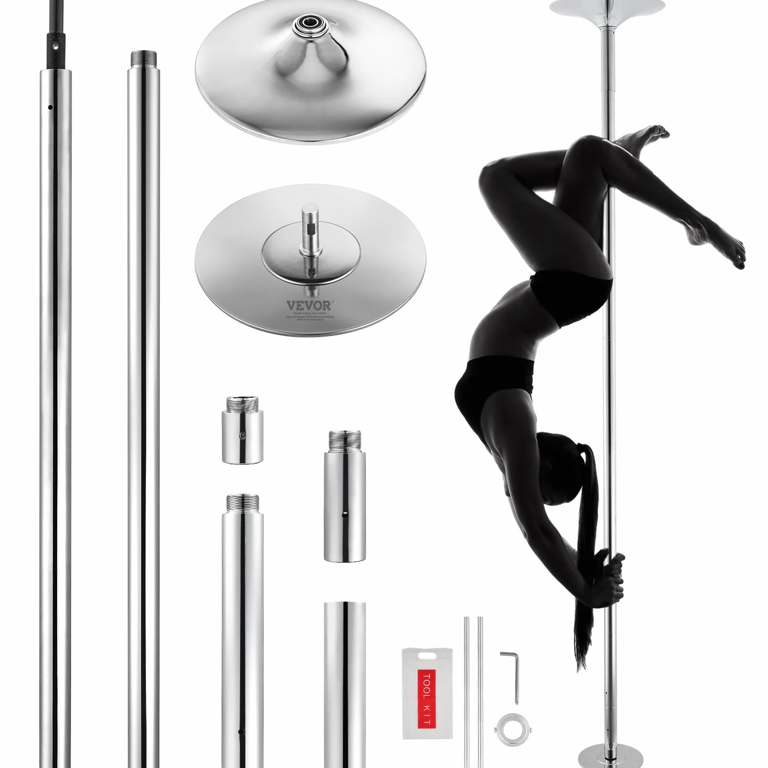 VEVOR Barra Asta da Ballo Professionale, Asta Danza Verticale Rimovibile, Acciaio Inox 45 mm, Altezza Regolabile