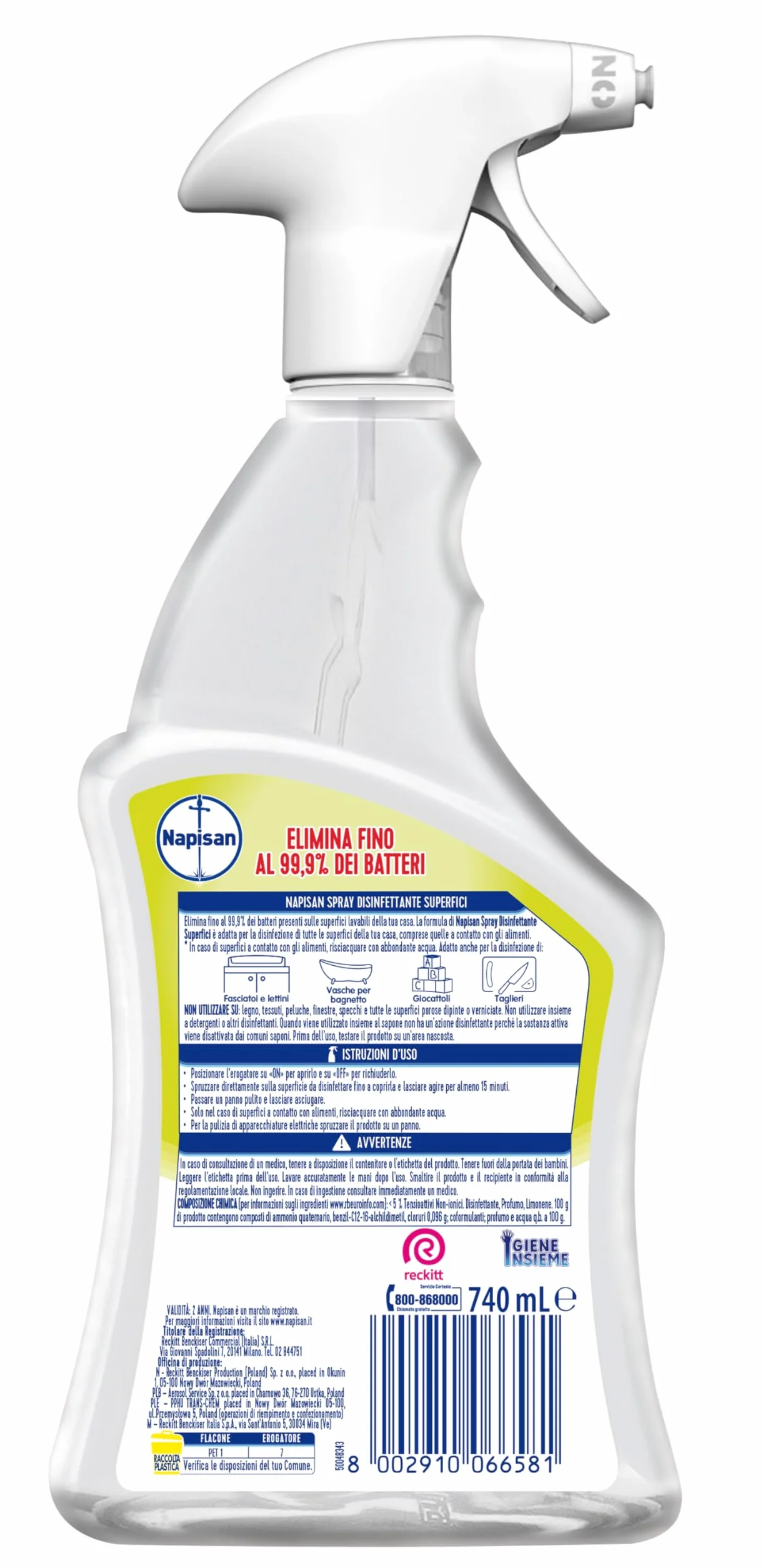 Napisan Spray Disinfettante Multisuperfici Limone e Menta, Confezione da 12x740 ml