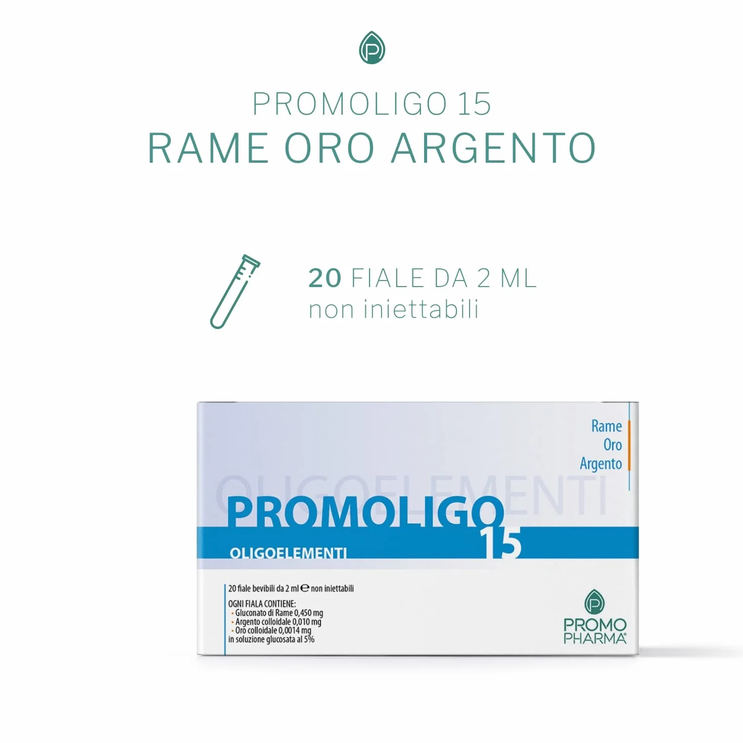 Promoligo 15 - Rame/Oro/Argento - Integratore Alimentare, Oligoelementi Essenziali - Rame, oro e argento - senza glutine - 20 fiale da 2 ml