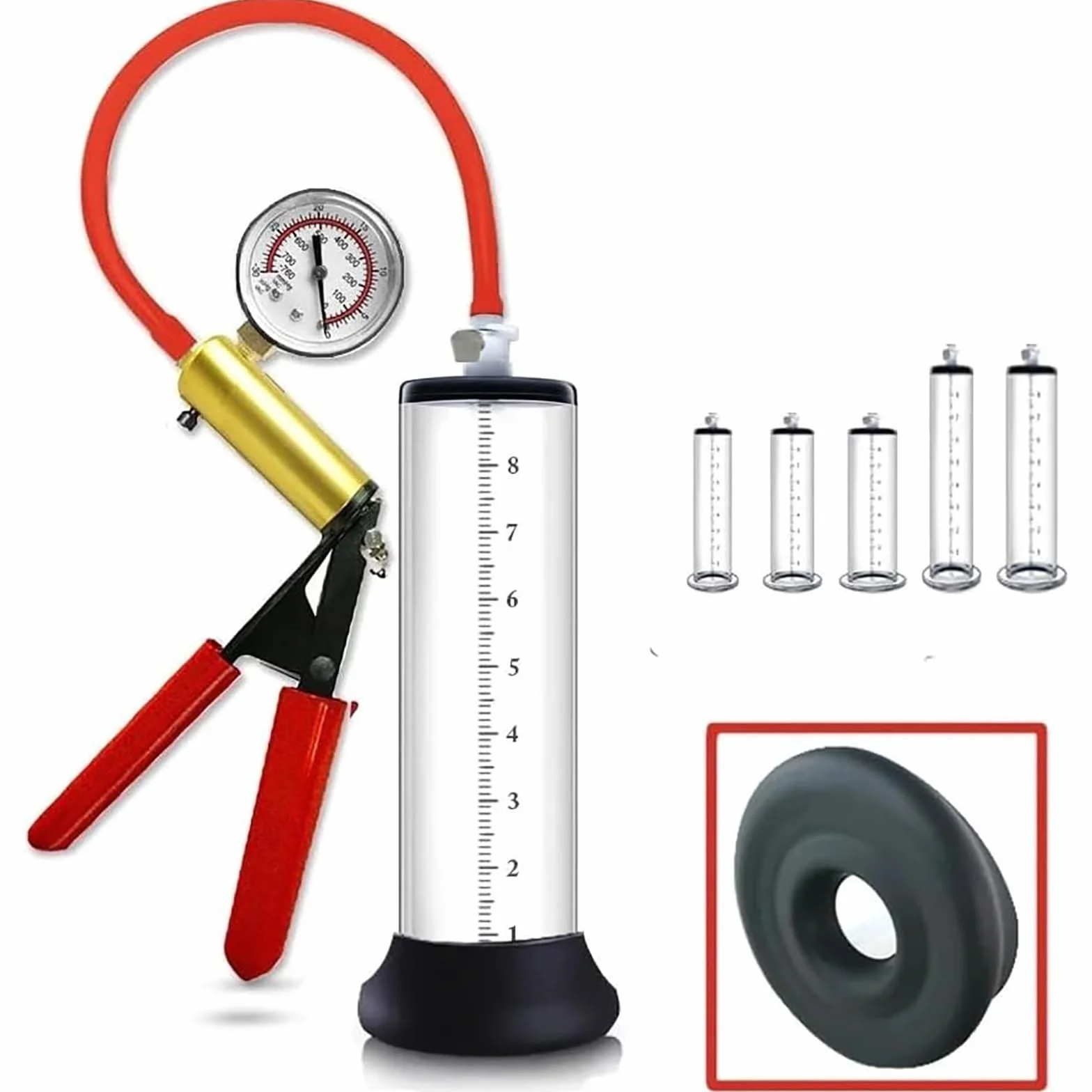 Pompa for pene con manometro a vuoto, manico rosso, pompa manuale for pene uomo, ingrandimento, ingrandimento del con 12 misure for uomo(9 * 1.75in/23 * 4.4cm)