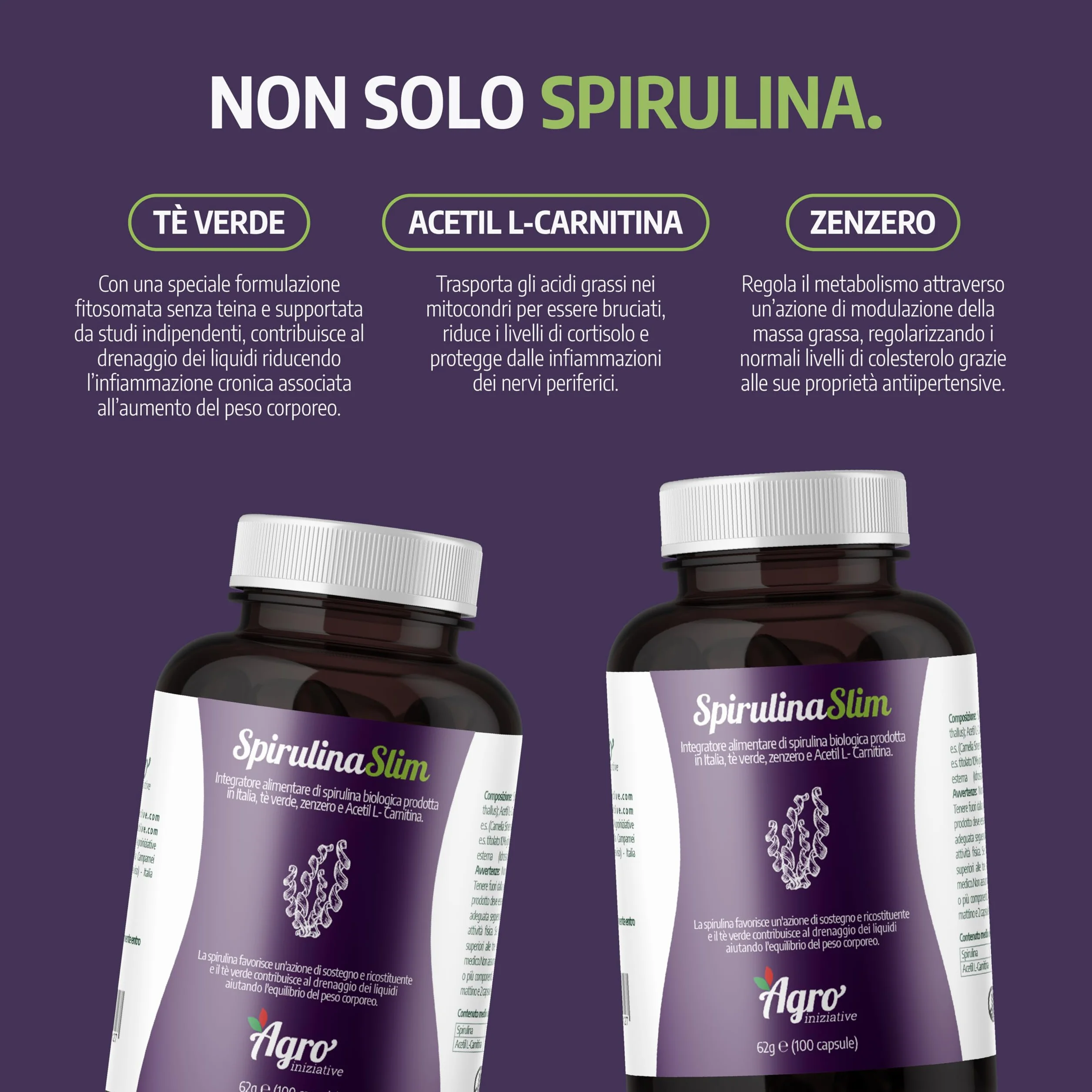 Spirulina Slim 100 Cps Alga Spirulina Biologica Drenante Detox Senza Iodio E Caffeina Con Zenzero Acetil L-Carnitina E Greenselect