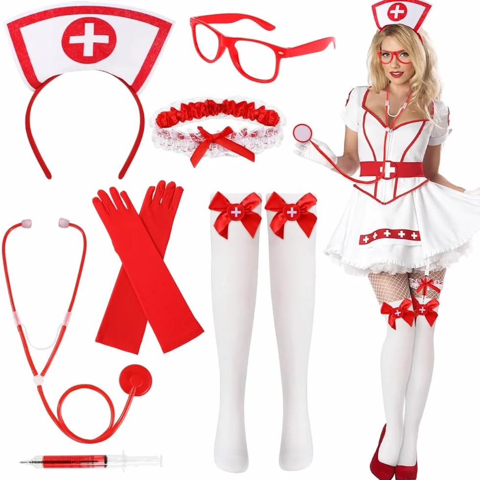 Costume infermiera Halloween Set con cappello, stetoscopio, giarrettiera, calze rosse e penna siringa