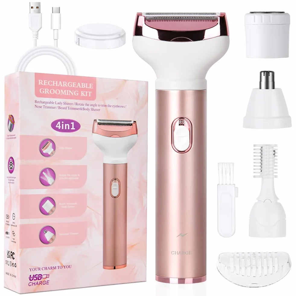 ACWOO Rasoio Elettrico Donna, 4 in 1 Epilatore Senza Fili, Ricaricabile Epilatore viso, Depilatore Donna Multifunzione a Secco e Bagnato per Una Rasatura Delicata e Accurata, Impermeabile