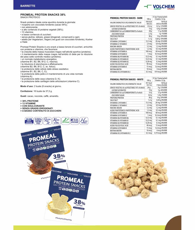 Volchem Promeal Protein Snacks 38, Snack Proteico al 38% di Proteine, con Vitamine, Senza Grassi Idrogenati, Conservanti e con Pochi Zuccheri (Cookie)