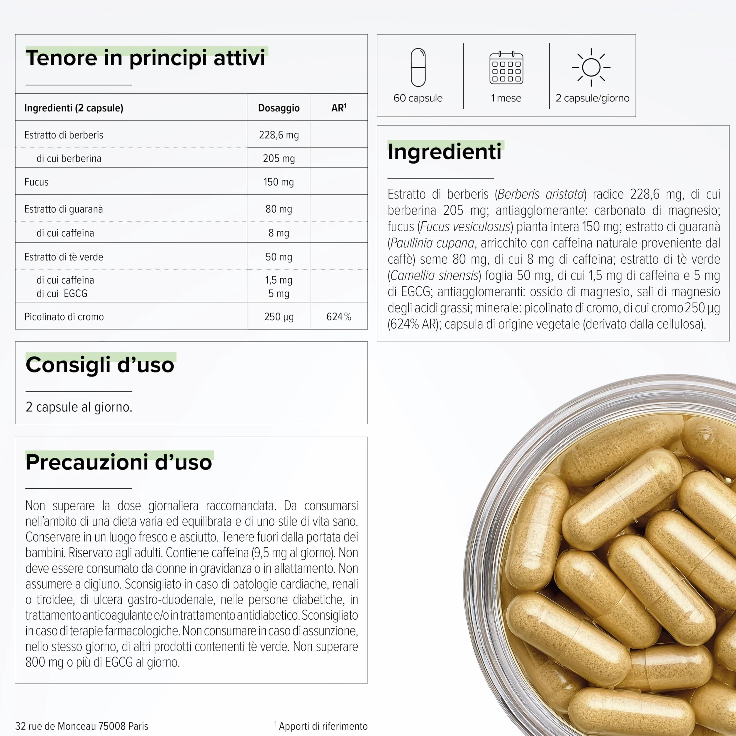 GLP-1 Boost – Con Berberina – Cromo 250 µg – Tè Verde, Fucus & Guaranà – Sazietà & Glicemia – Metabolismo – 100% Vegano – 60 capsule – Prodotto in Francia – Beyond Elements
