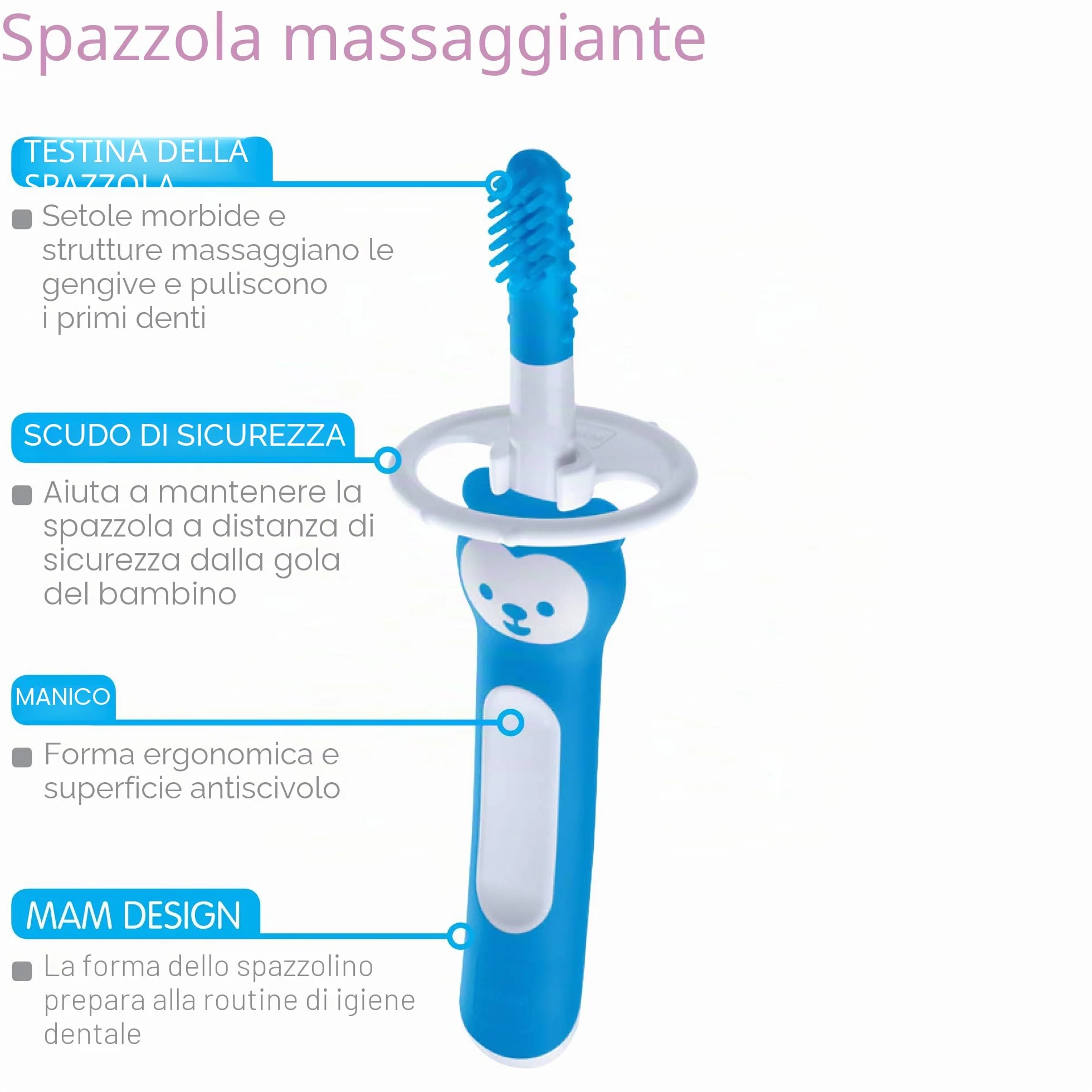 MAM Spazzola massaggiante con setole morbide in silicone, adatta ai bambini alla pulizia quotidiana dei denti, spazzolino da denti per alleviare il mal di denti, dai 3 mesi in su, turchese