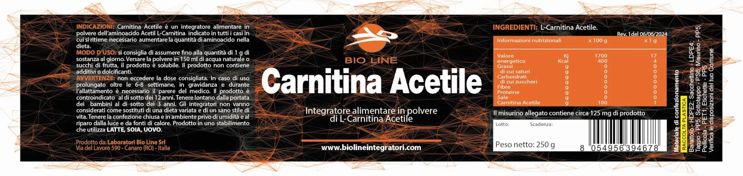Laboratori Bio Line Acetyl L Carnitina in Polvere 250 gr Acetil L Carnitina Sostanza Pura