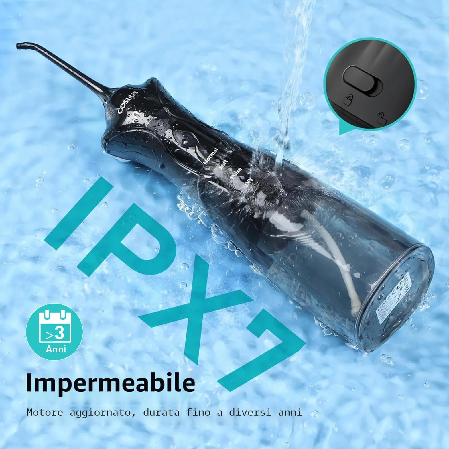 COSLUS C30 Idropulsore Dentale Portatile: 300ml Irrigatore Orale Senza Fili, 4 Modalità Idropulsore Dentale, Vincitore del Test 30 Giorni, Facile da Usare, IPX7 Impermeabile, Nero