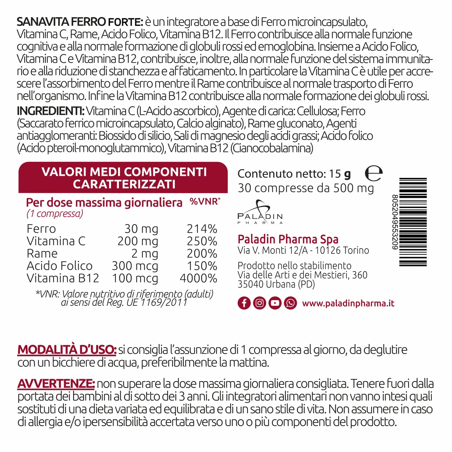 Sanavita Ferro Forte Integratore Alimentare con Ferro Alto dosaggio, Vitamina C, Rame, Acido Folido e Vitamina B12 Alo Dosaggio - 30 compresse