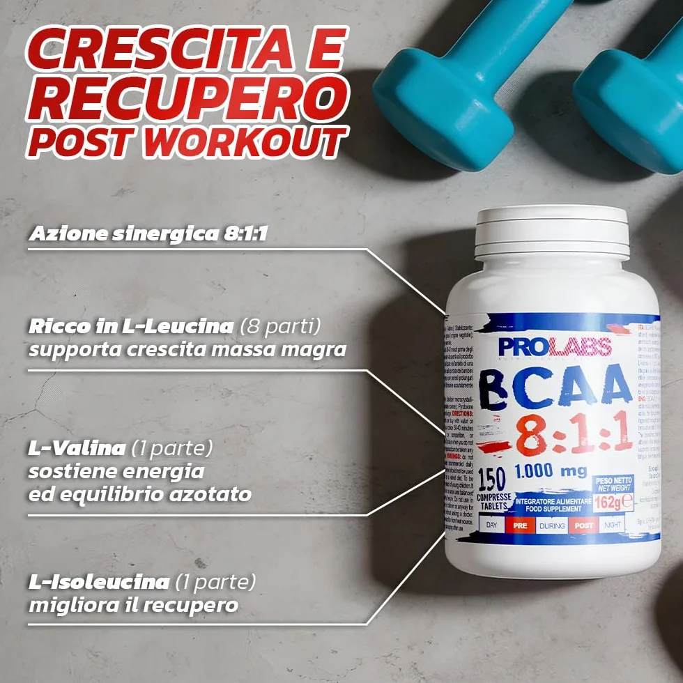 PROLABS – Bcaa Aminoacidi Ramificati Compresse 8.1.1, Amminoacidi 100% Veg con Vitamina B6, B1 e L-Leucina (8 parti) Crescita e Recupero Muscolare, Integratore Post e Pre Workout, 150 Tablet (1000 mg)