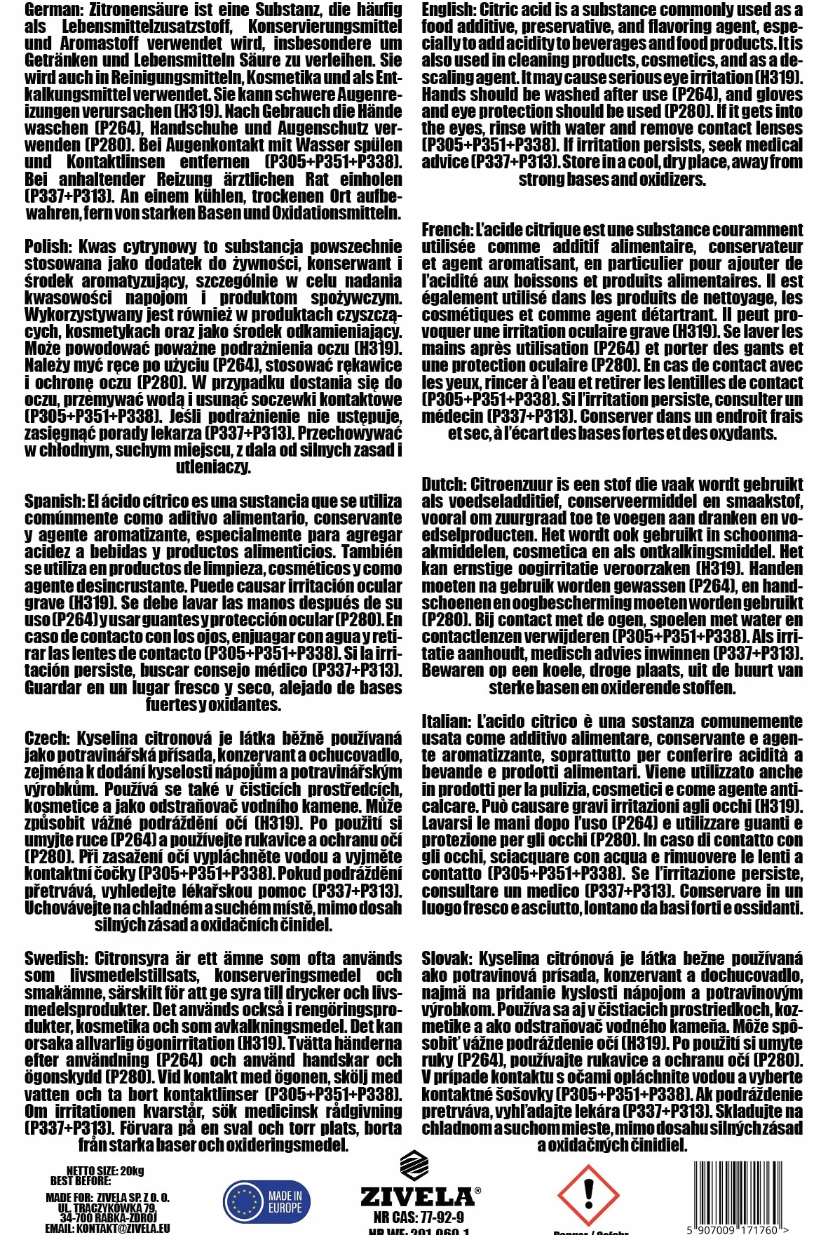 Acido Citrico in Polvere 20 kg, Qualità Alimentare, E330, 100% Puro (4 x 5 kg)