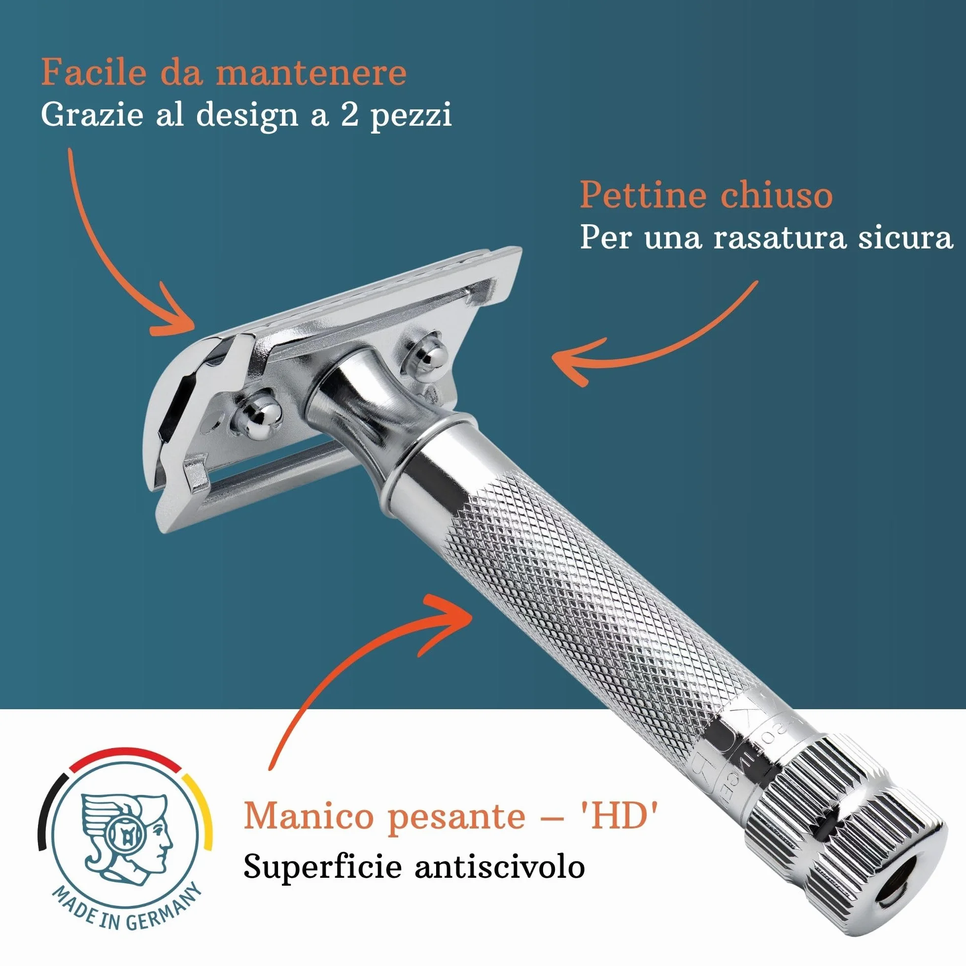MERKUR 34C Rasoio di sicurezza – Finitura cromata lucida, manico corto e pesante, struttura in due pezzi, pettine chiuso, rasatura sostenibile – Made in Germany