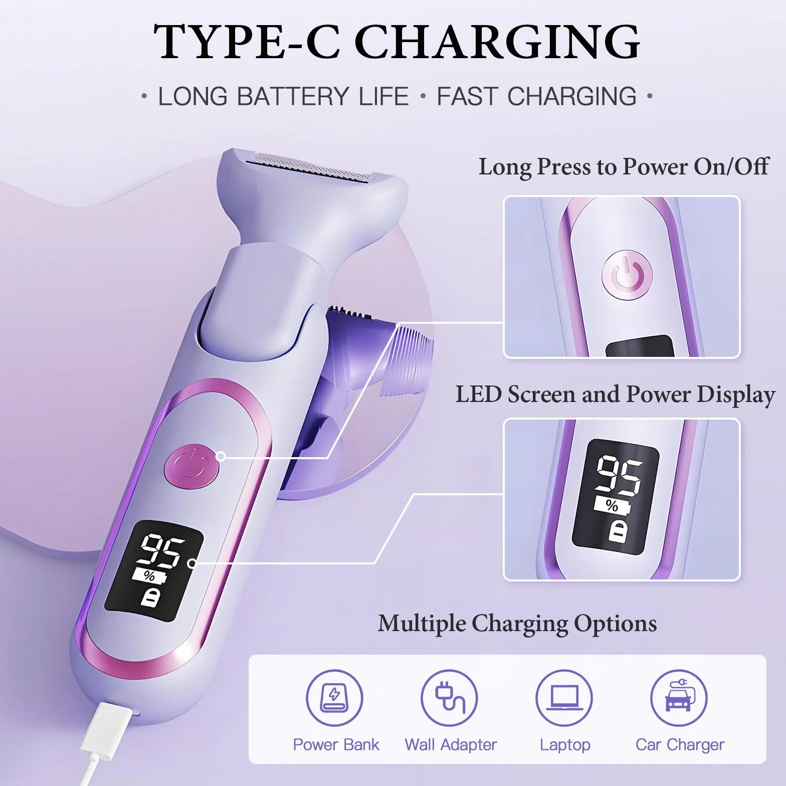 Rasoio elettrico da donna 5 in 1, rasoio intimo da donna, rasoio elettrico per donne, trimmer per corpo, intimo, bikini, per viso, ascelle, gambe, braccia e zona bikini