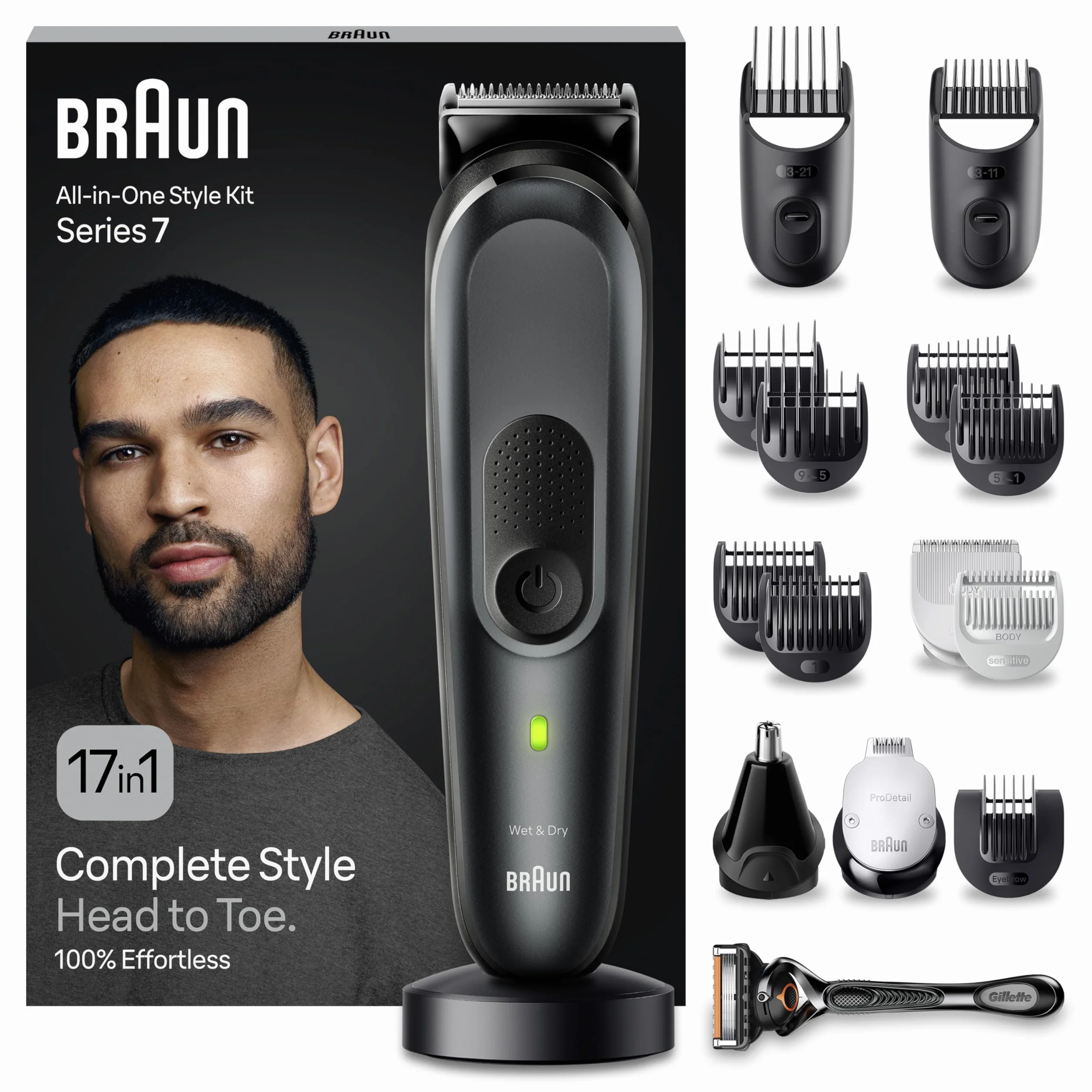 Braun REGOLABARBA UOMO, Tagliacapelli Uomo, Rasoio Elettrico Barba e Capelli, 17-in-1 Styling Kit per Barba, Capelli, Corpo, Naso e Orecchie, 100 Minuti Di Utilizzo, Idea Regalo, MGK7491 Nero