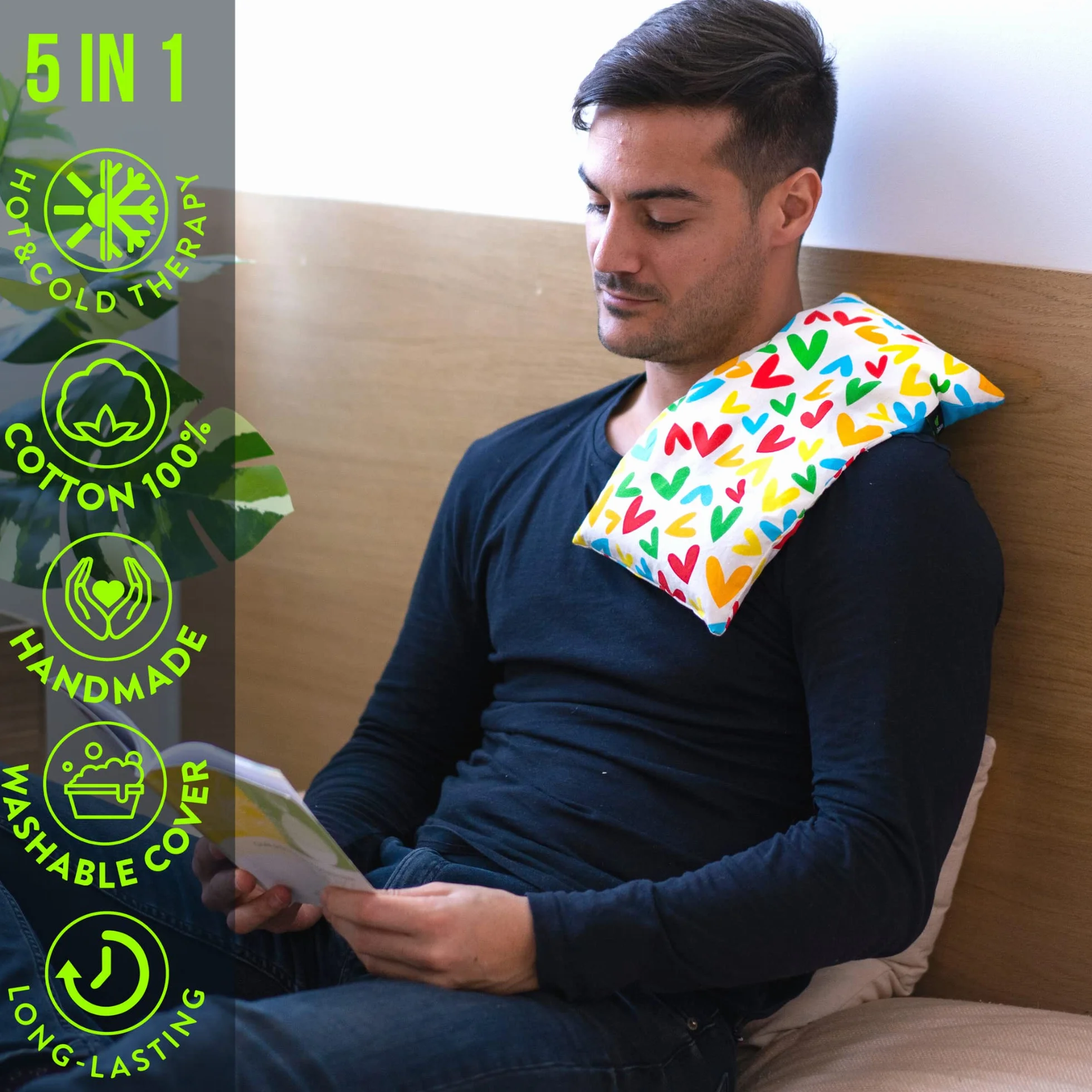 Cuscino Termico Microonde - Cuscino Riscaldante con Semi di Lino e Fiori di Lavanda (35x18 cm) - Riscaldabile al Microonde con Federa Esterna Lavabile in Cotone 100% (Cuori)