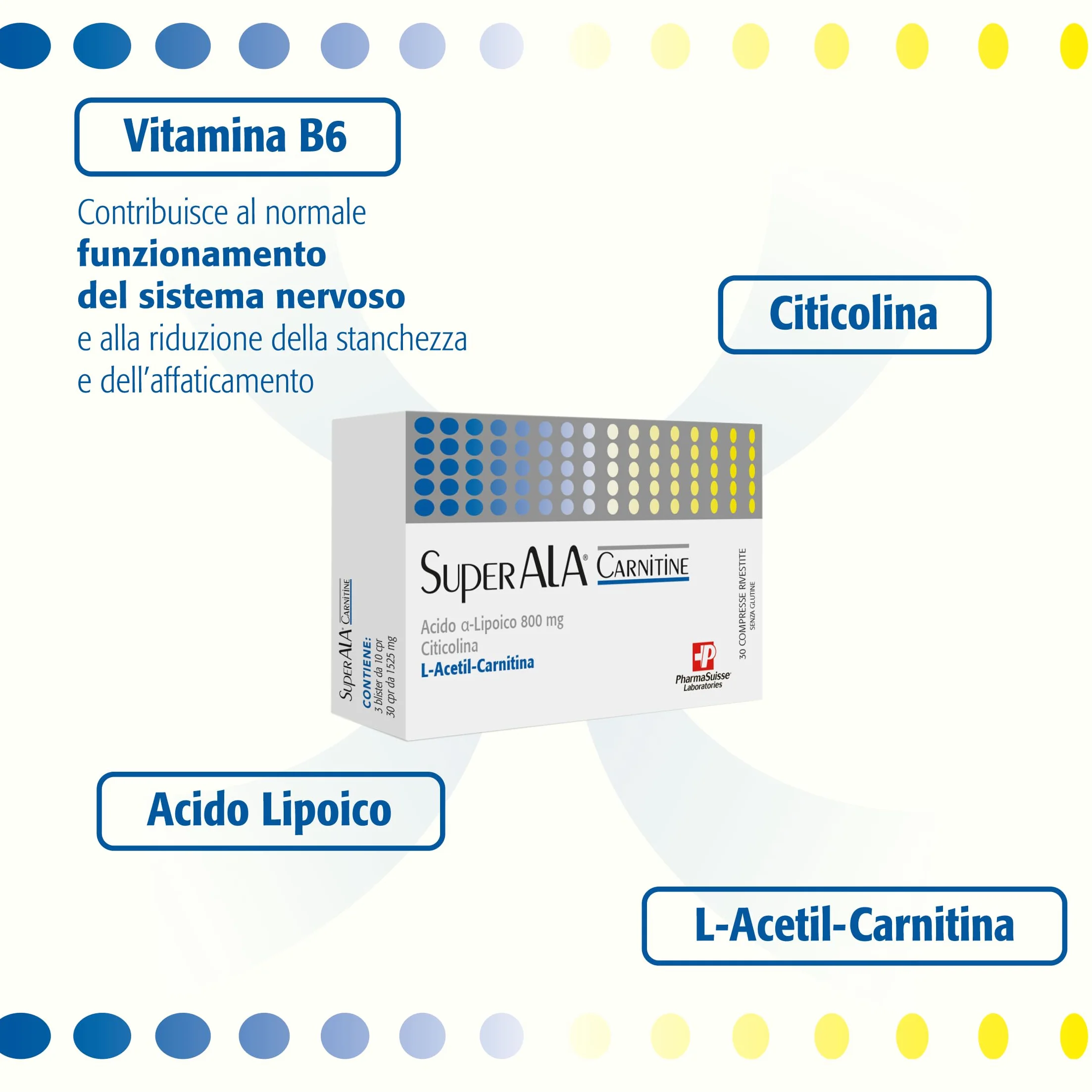 SuperAla Carnitina Integratore Alimentare L-Acetil-Carnitina Acido Alfa-Lipoico Citicolina Vitamina B6 30 compresse