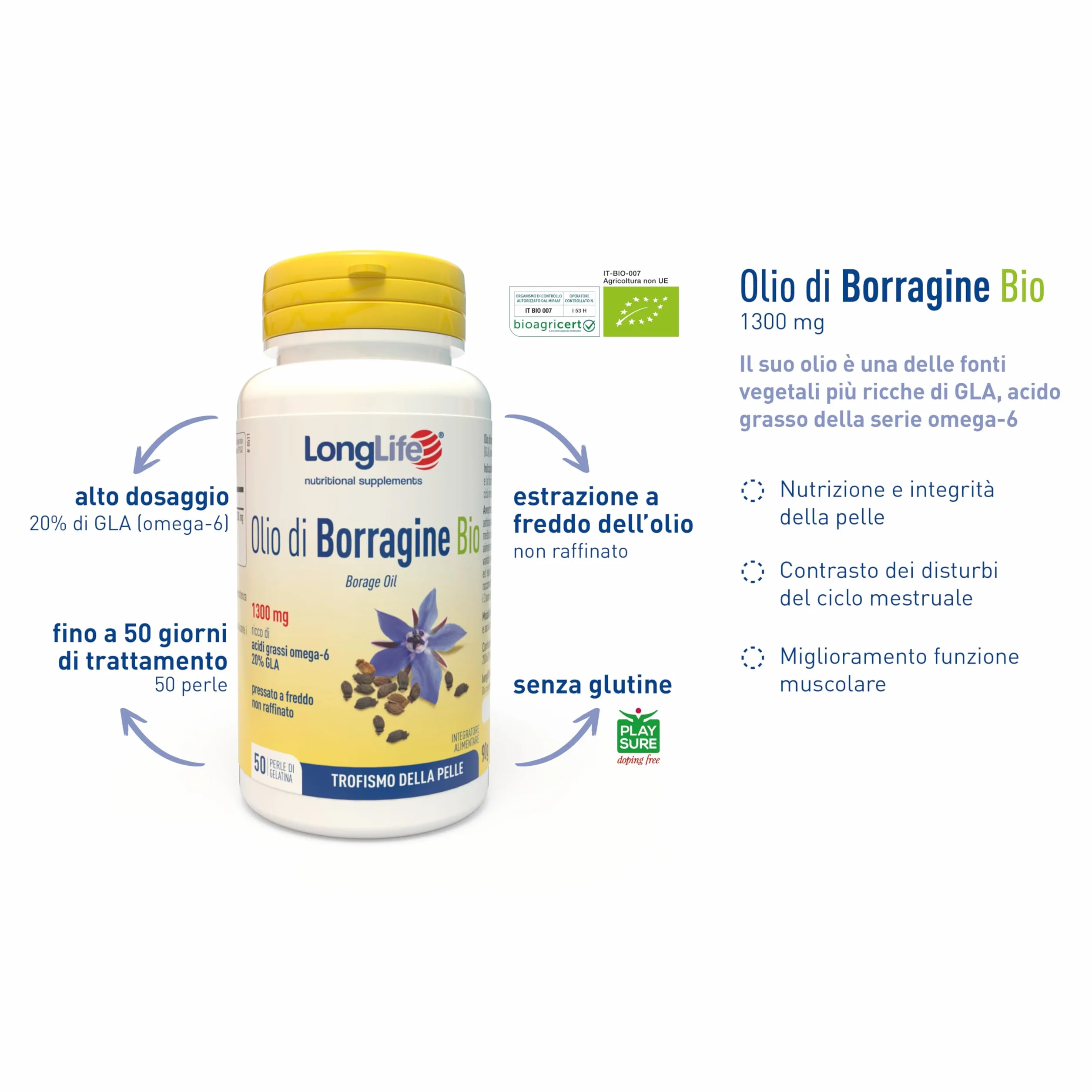 LongLife Olio di Borragine Bio 1300mg Integratore Omega 6 60 perle