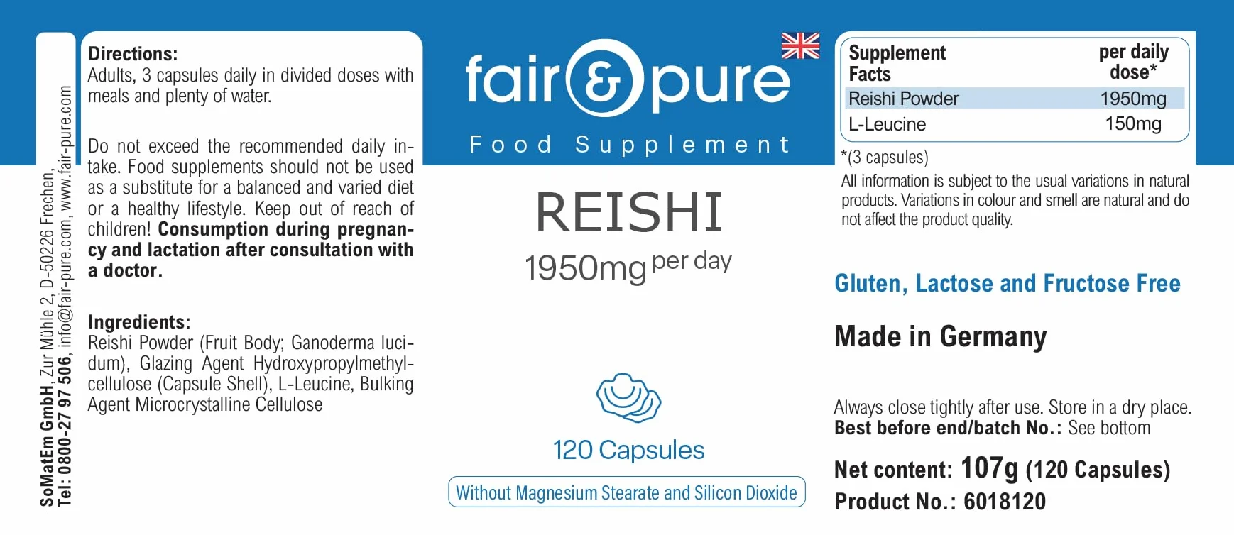 Fair & Pure® - Capsule di Reishi 1950 mg - 120 capsule - Ganoderma lucidum - Fungo medicinale - Altamente dosato - Vegano