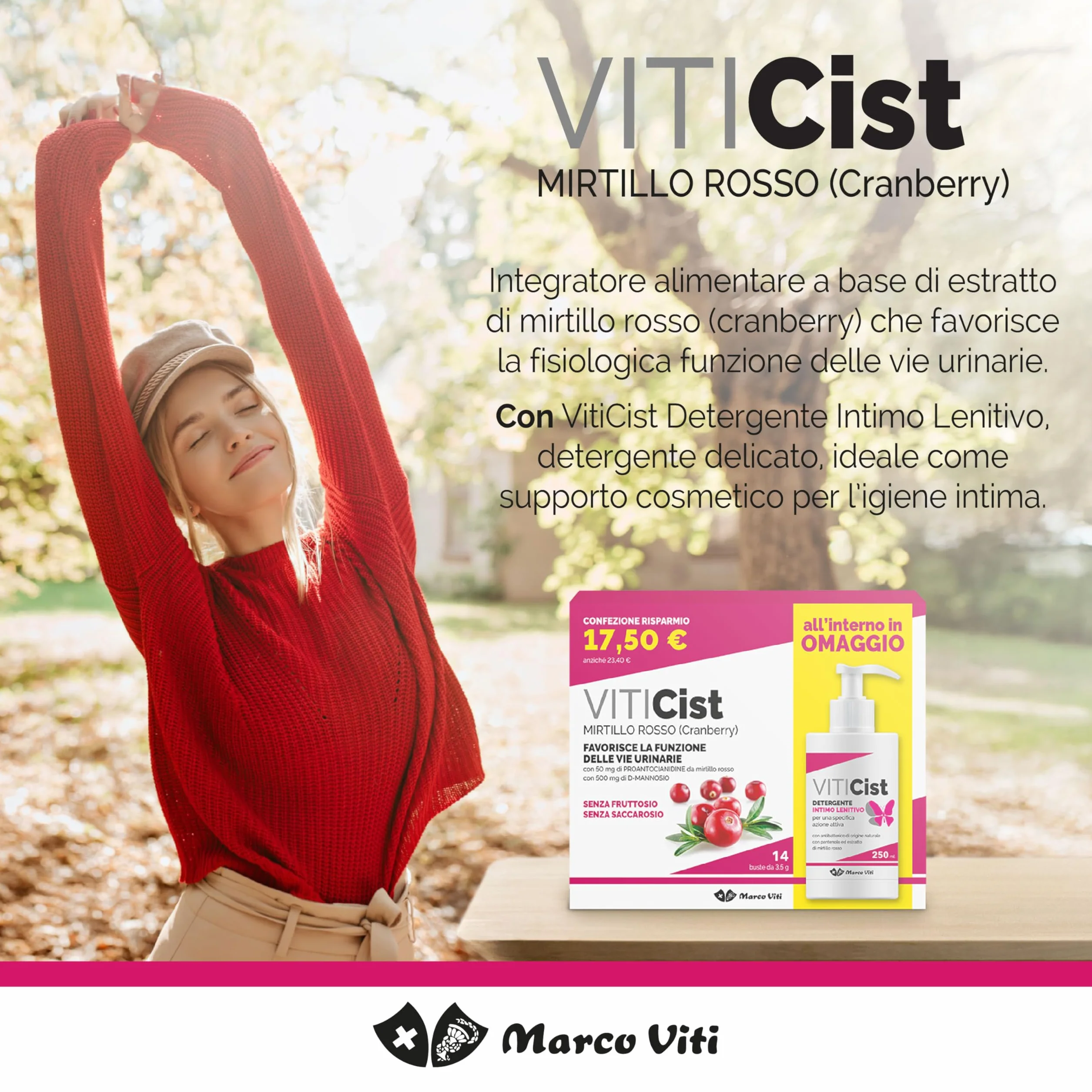 Marco Viti Viticist Kit Integratore con Cranberry e D-Mannosio + Detergente Intimo Lenitivo, 14 Bustine 3,5 g + 250 ml, Supporto Vie Urinarie