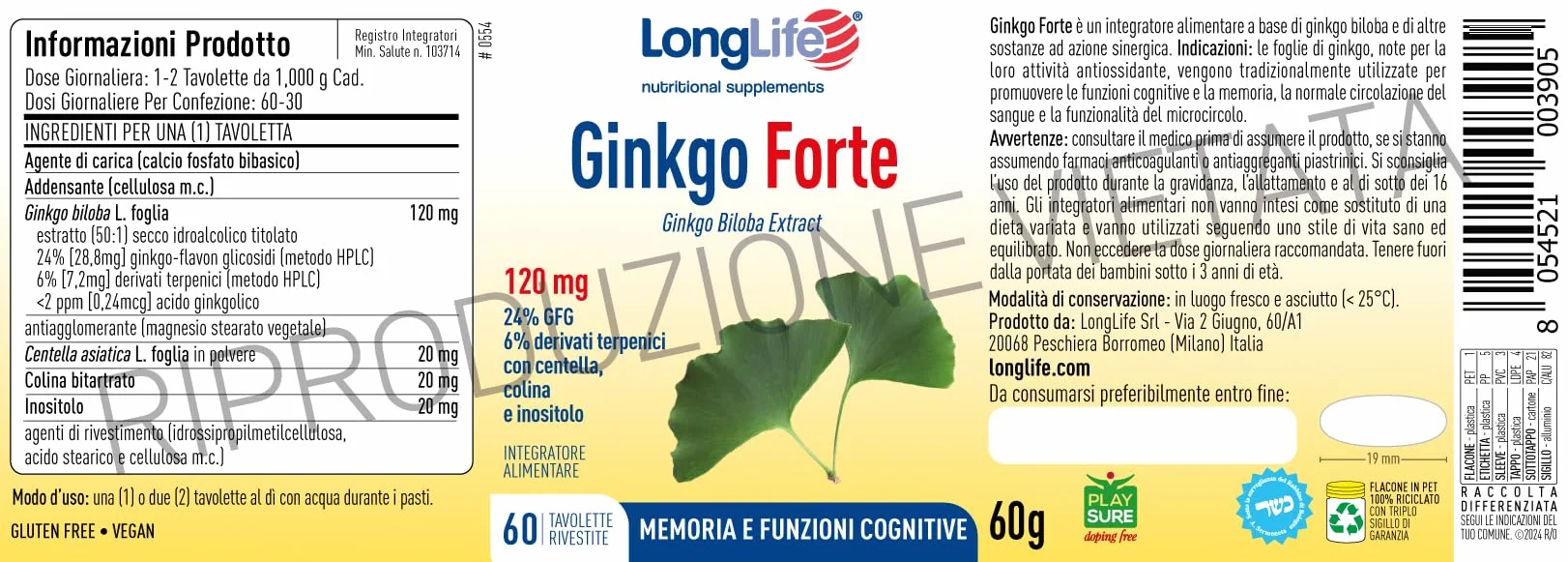 LongLife Ginkgo Forte Integratore di Ginkgo con Centella, Colina e Inositolo per Microcircolo, Memoria e Funzioni Cognitive
