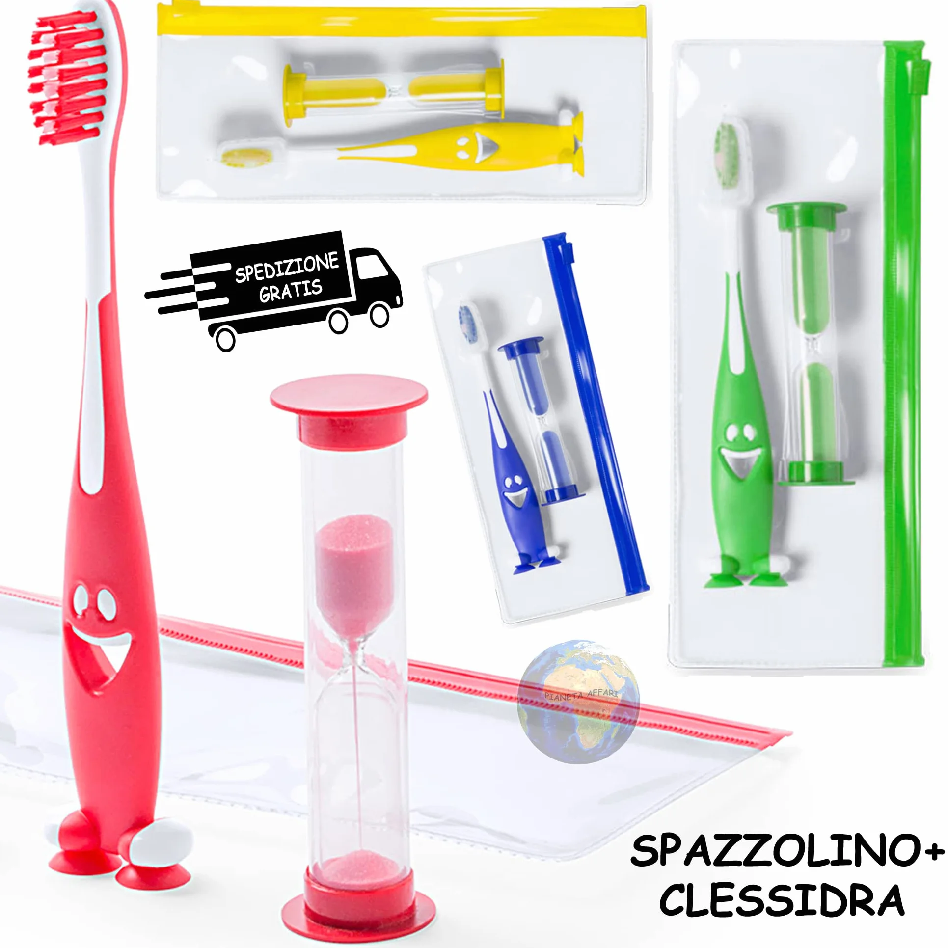 Set Astuccio con Spazzolino da Denti Orologio di Sabbia Clessidra Bimbi Bambini (ROSSO)