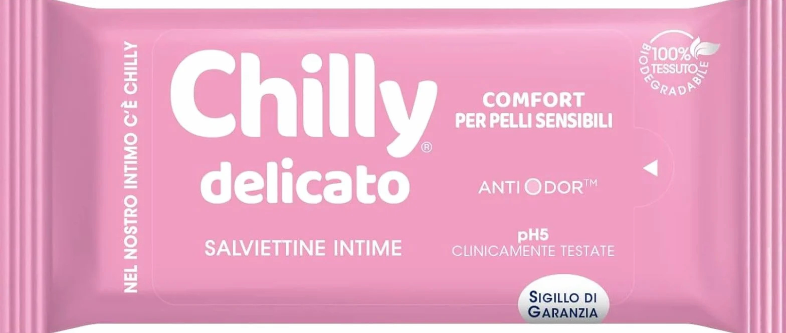 Chilly Salviettine Delicate, Salviette per l'Igiene Intima, PH 5, Tessuto 100% Biodegradabile, 12 Pezzi