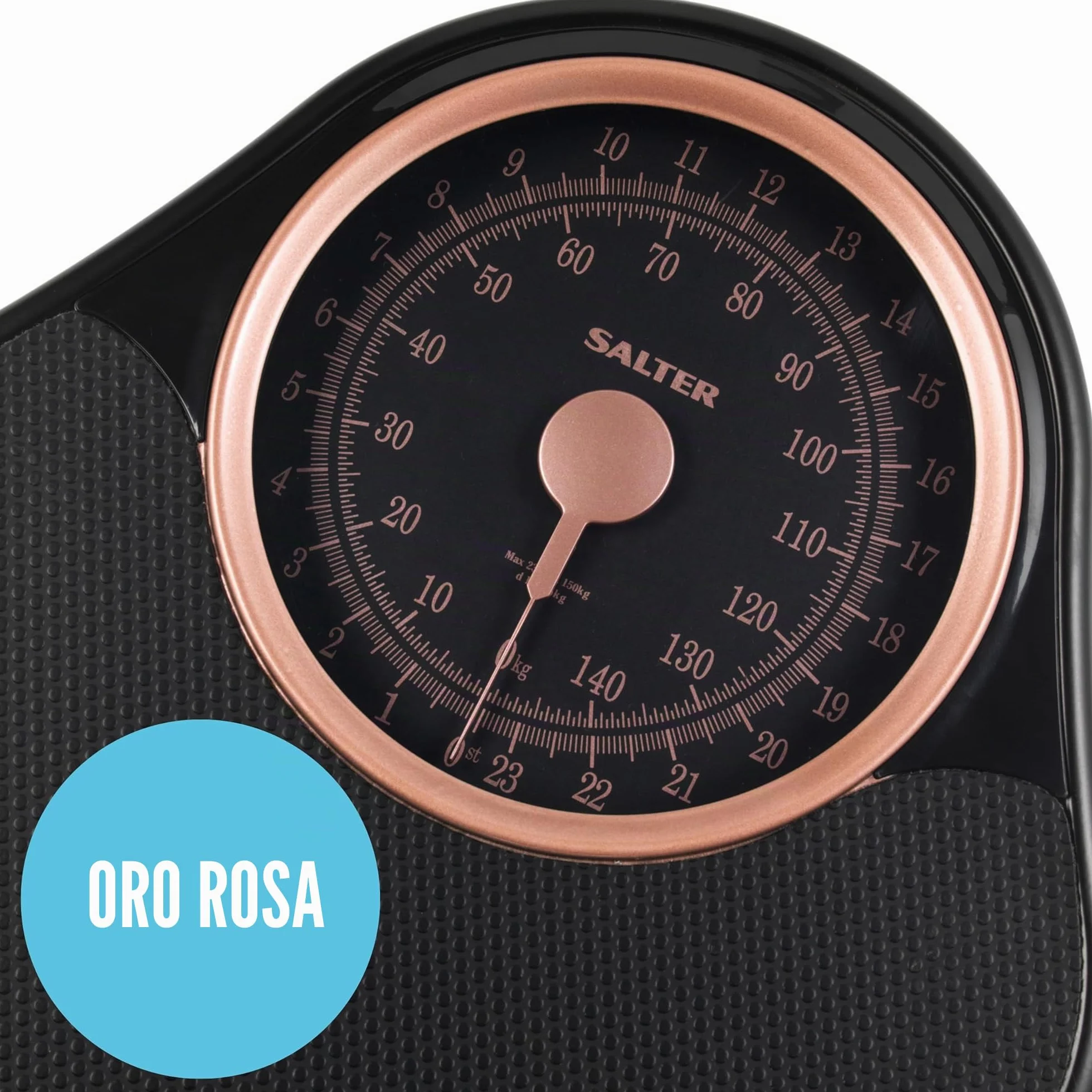 Salter 145 RGFEU16 Bilancia meccanica Doctor Style - capacità massima 150 Kg, quadrante di facile lettura con puntatore rotante, ampia piattaforma con tappetino in vinile, senza batteria, oro rosa
