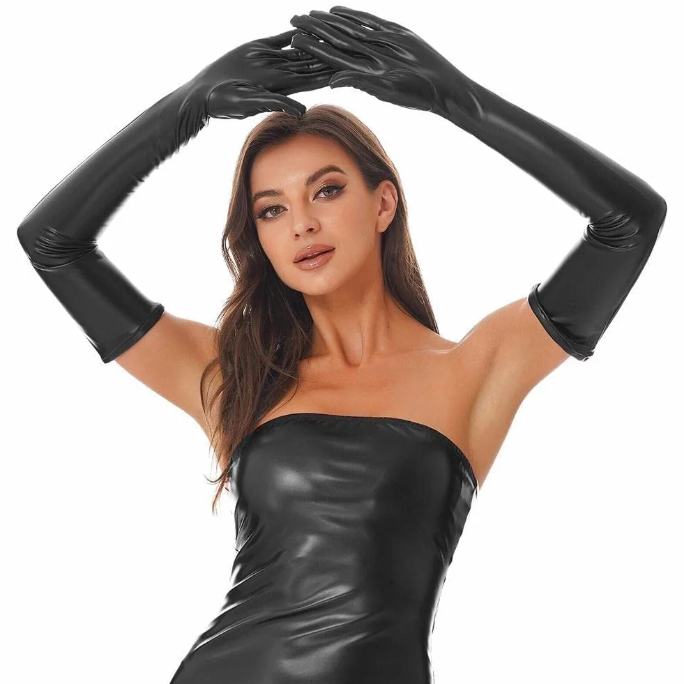 Guanti lunghi sexy in lattice da donna uomo hip jazz clubwear finti bagnati accessori metallici costumi cosplay pelle