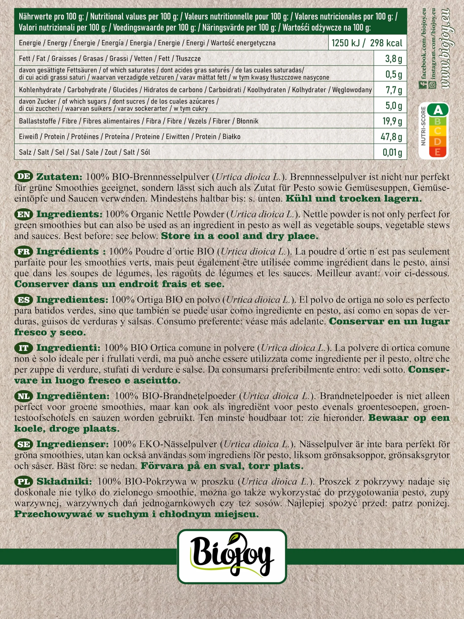 Biojoy Ortica in Polvere BIO 500 g, Foglie di Ortica Essiccate e Macinate, Tè all'ortica