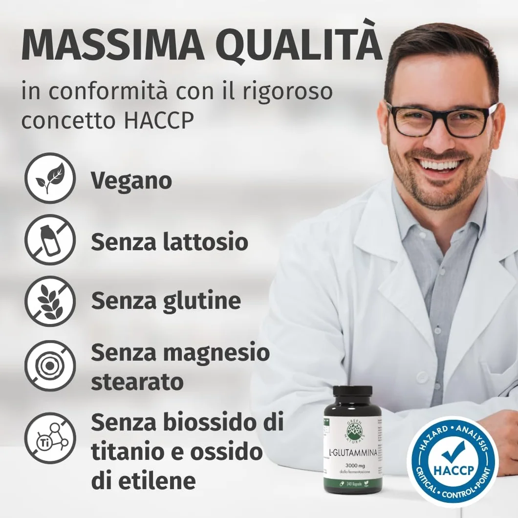 Green Naturals® L-Glutammina – Alto dosaggio 3.000 mg per dose giornaliera – Aminoacido puro in forma libera da fermentazione naturale – 100% vegana & senza additivi – 240 capsule (60 giorni)