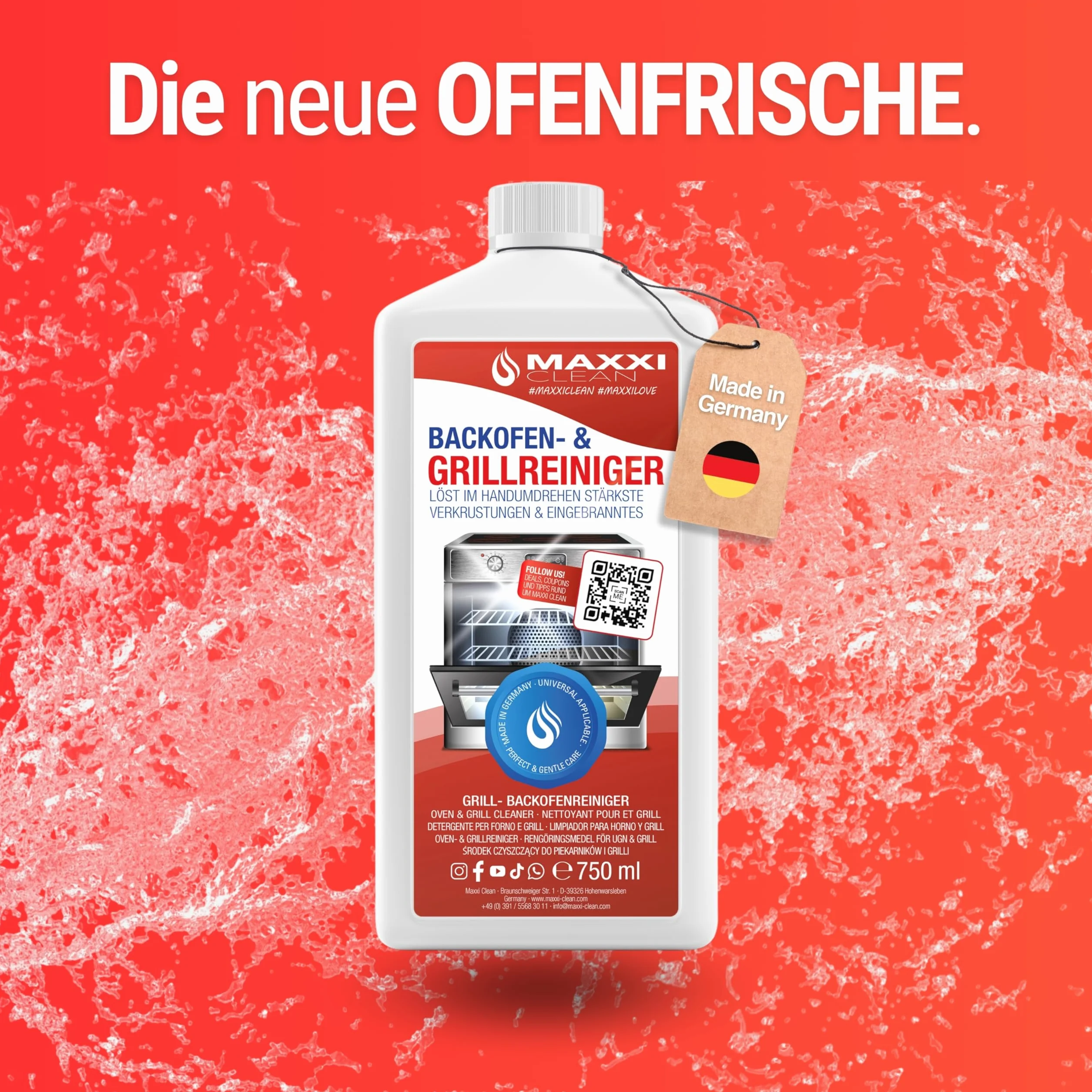 Maxxi Clean | Kit di pulizia per forno e grill | 750 ml di gel con 1 pennello | detergente e sgrassatore extra potente per forno, piano cottura e grill | scioglie le incrostazioni