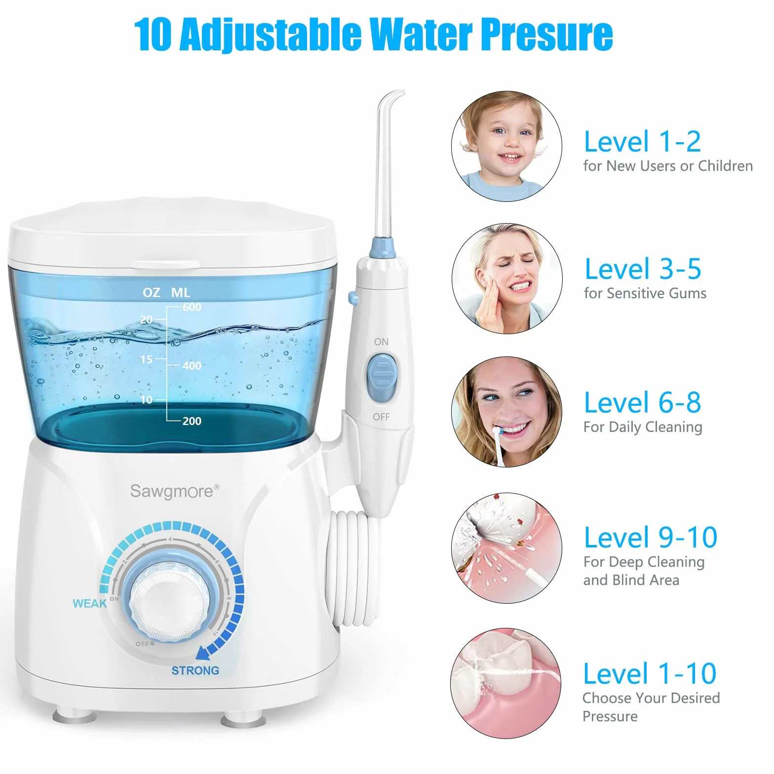 Sawgmore Idropulsore Dentale, irrigatore orale professionale con 8 ugelli multifunzionali, 10 impostazioni di pressione dell'acqua, capacità 600 ml, per Cura Famiglia e Cura Dentale