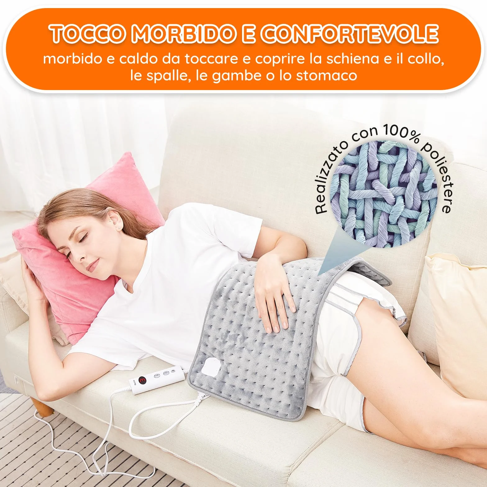 Cuscino Termoforo Elettrico Riscaldante 60x30cm, per alleviare il dolore, schiena collo spalle addome braccia e gambe, Spegnimento automatico in 90 minuti, 10 livelli di calore, lavabile in lavatrice